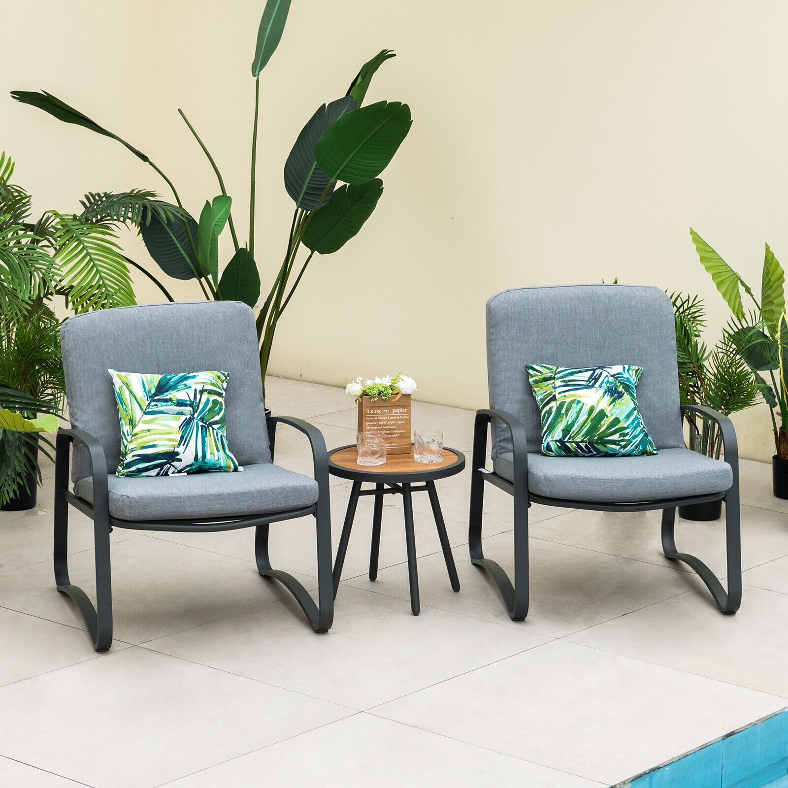 Forclover HBV-00WHI Patio Bistro Conversation Set 3 -Piece Patio Conversation Set with Gray Cushions