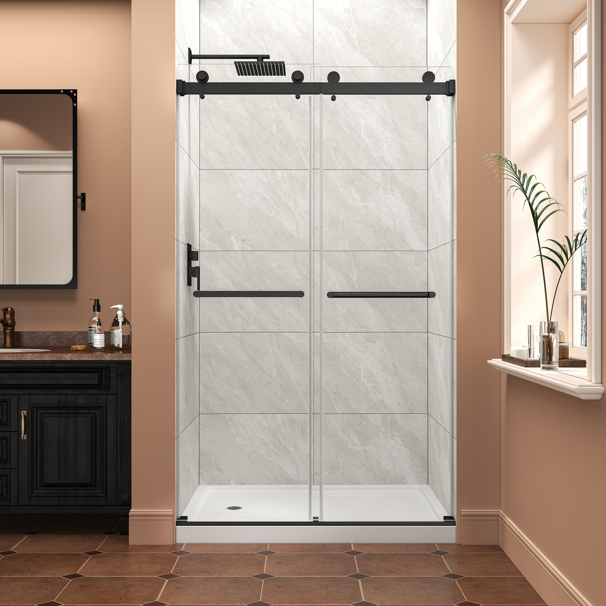 Tahanbath 43-48 in W x 76 in H Matte Black Reversible Installation Double Bypass Sliding Shower Door Easy Installation Frameless Shower Door 5/16 in 8MM Tempered Glass With Nano Explosion-proof Film