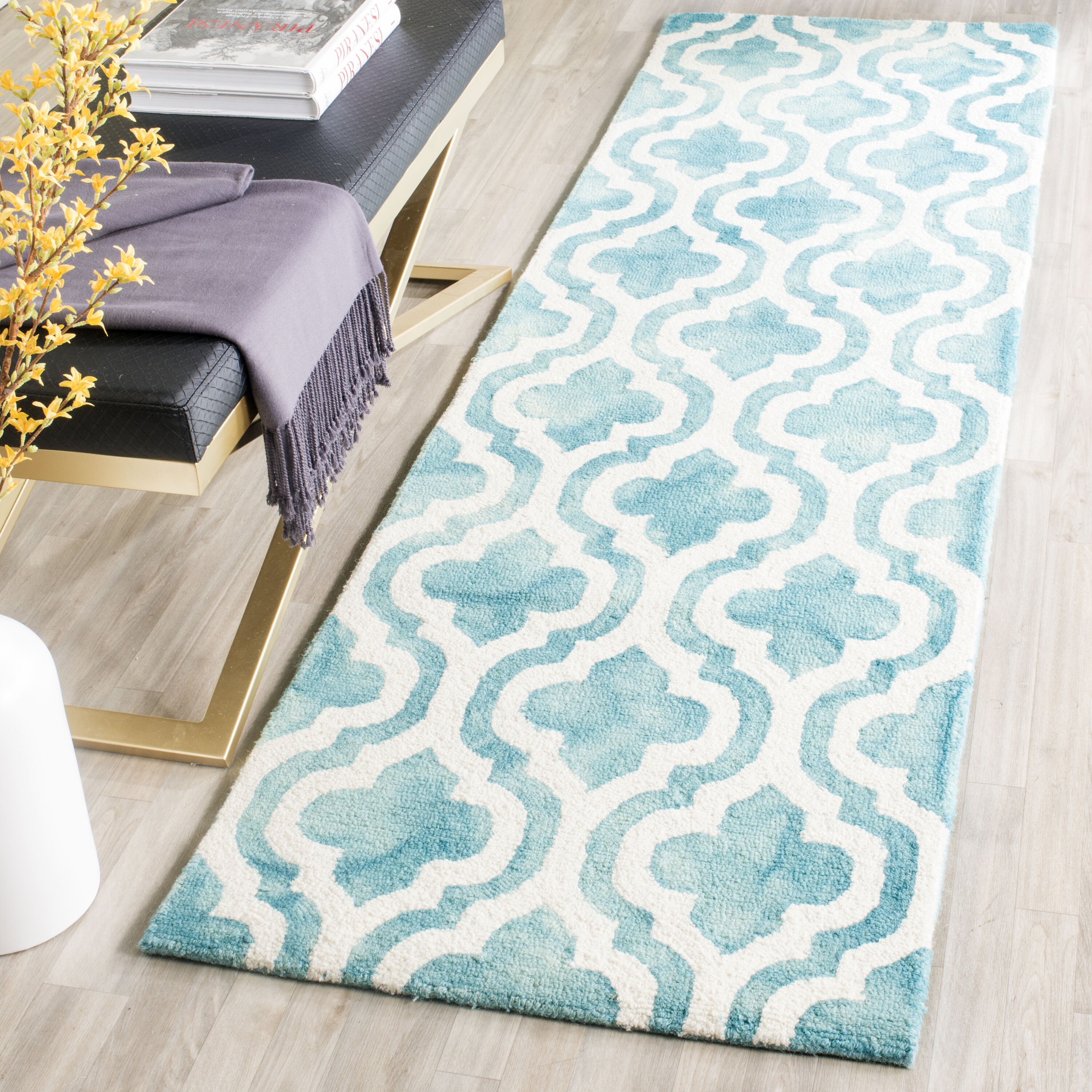 Safavieh DDY537D-28 Dip Dye Alana 2 x 8 (ft) Tufted Wool Turquoise/Ivory Rectangular Indoor Trellis Bohemian/Eclectic Runner rug