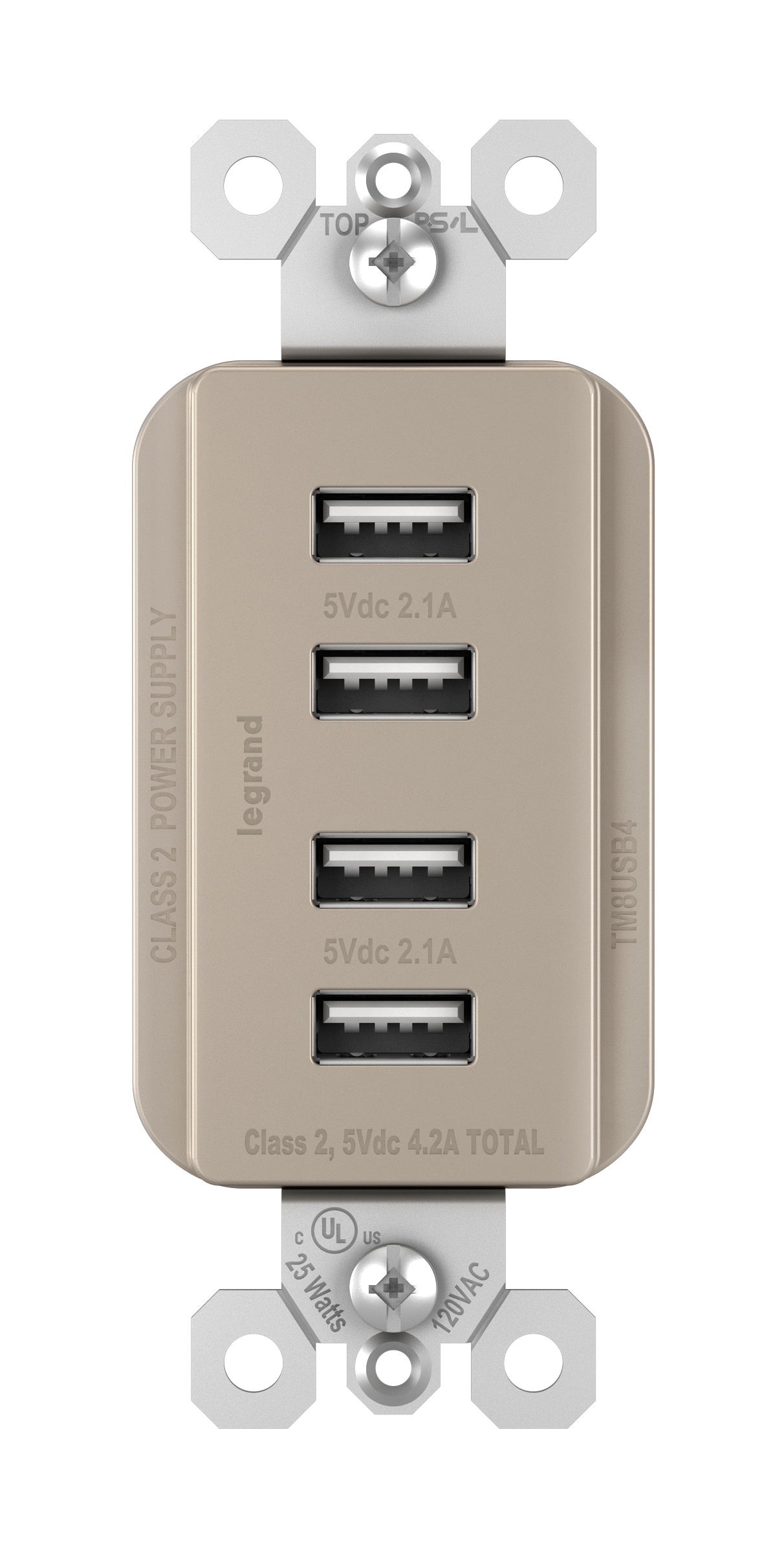 Legrand TM8USB4NICC6 radiant 4.2 -Amp 125-volt Residential Decorator Full USB Dual Type A , Nickel