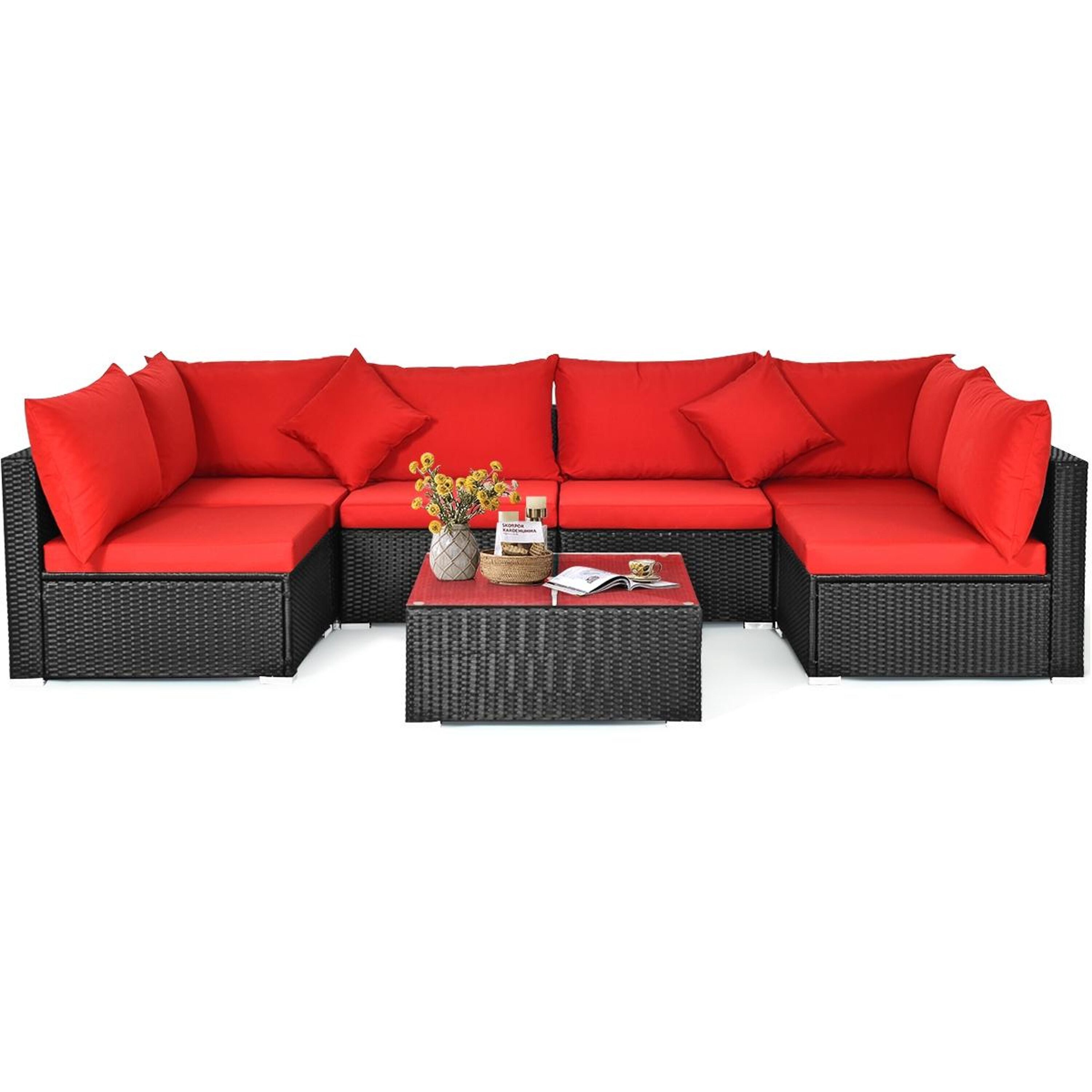 BABOOM BOM-4273RE+-CO 7 -Piece Wicker 2 Patio Sofa Conversation Set with Red Cushions