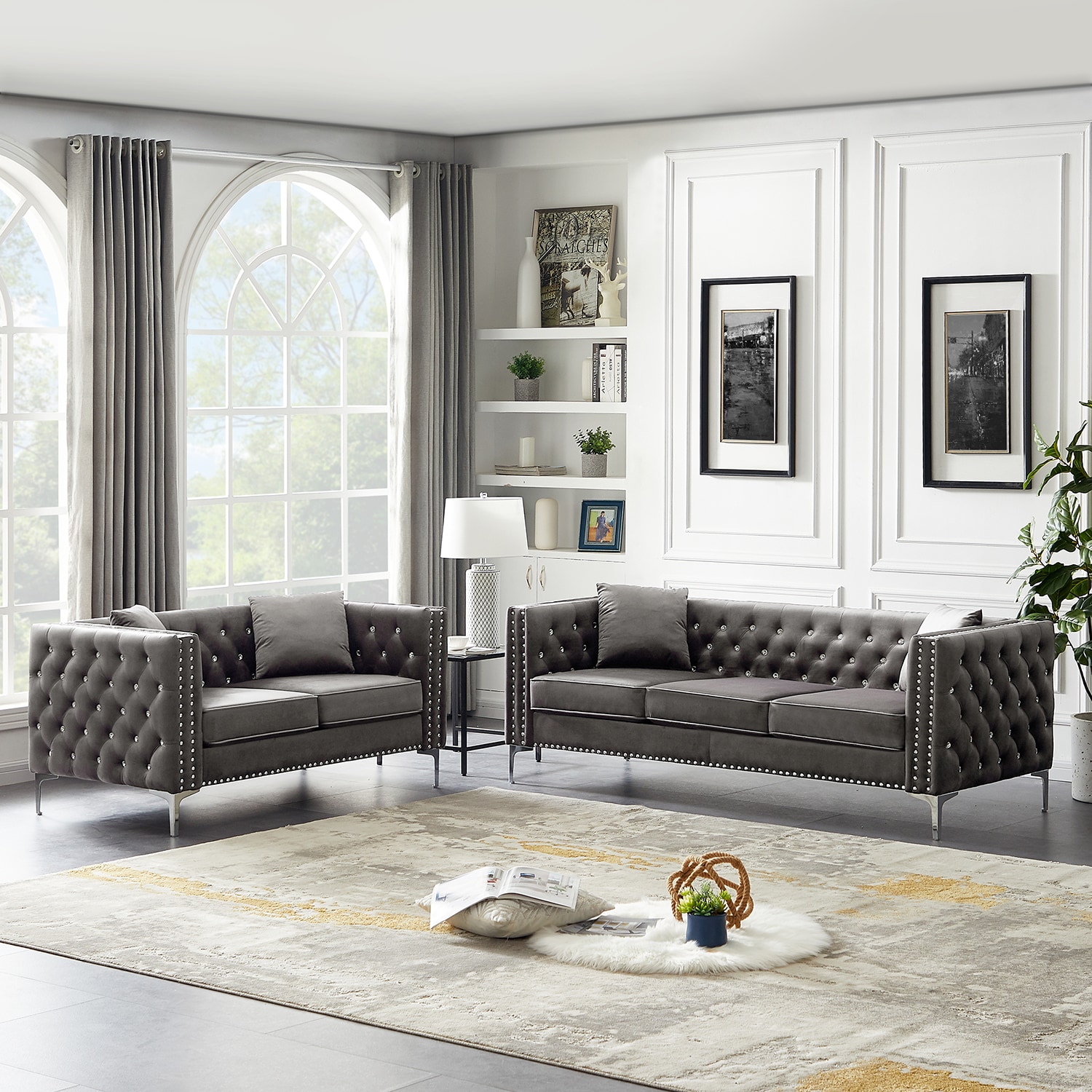 SINOFURN SYA020142GY Coastal 2 -Piece Velvet Gray Living Room Set