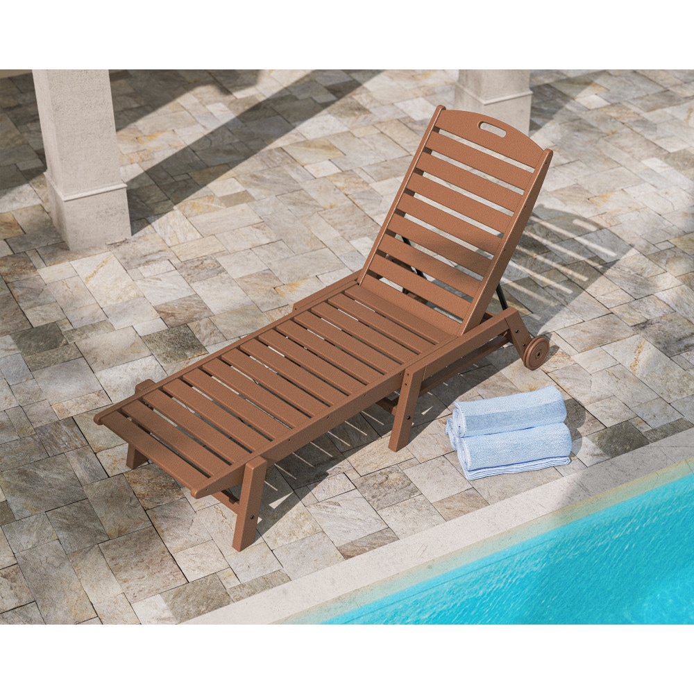 POLYWOOD NAW2280TE Nautical Stackable Teak HDPE Frame Stationary Chaise Lounge Chair with Slat Seat