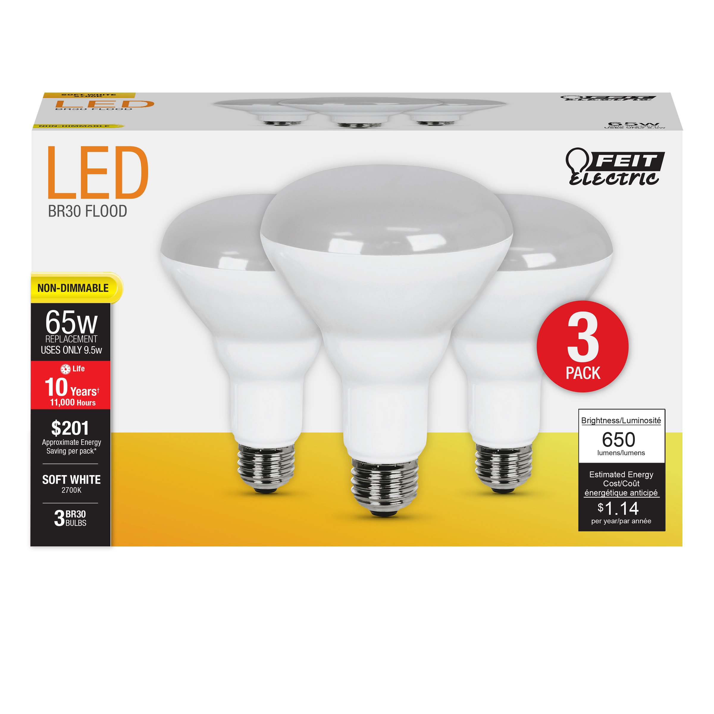 Feit Electric BR30/10KLED/3 Non-Dimmable LED 65 -Watt EQ BR30 Soft white Medium base (E-26) LED Spot Flood Light Bulb 3 -Pack