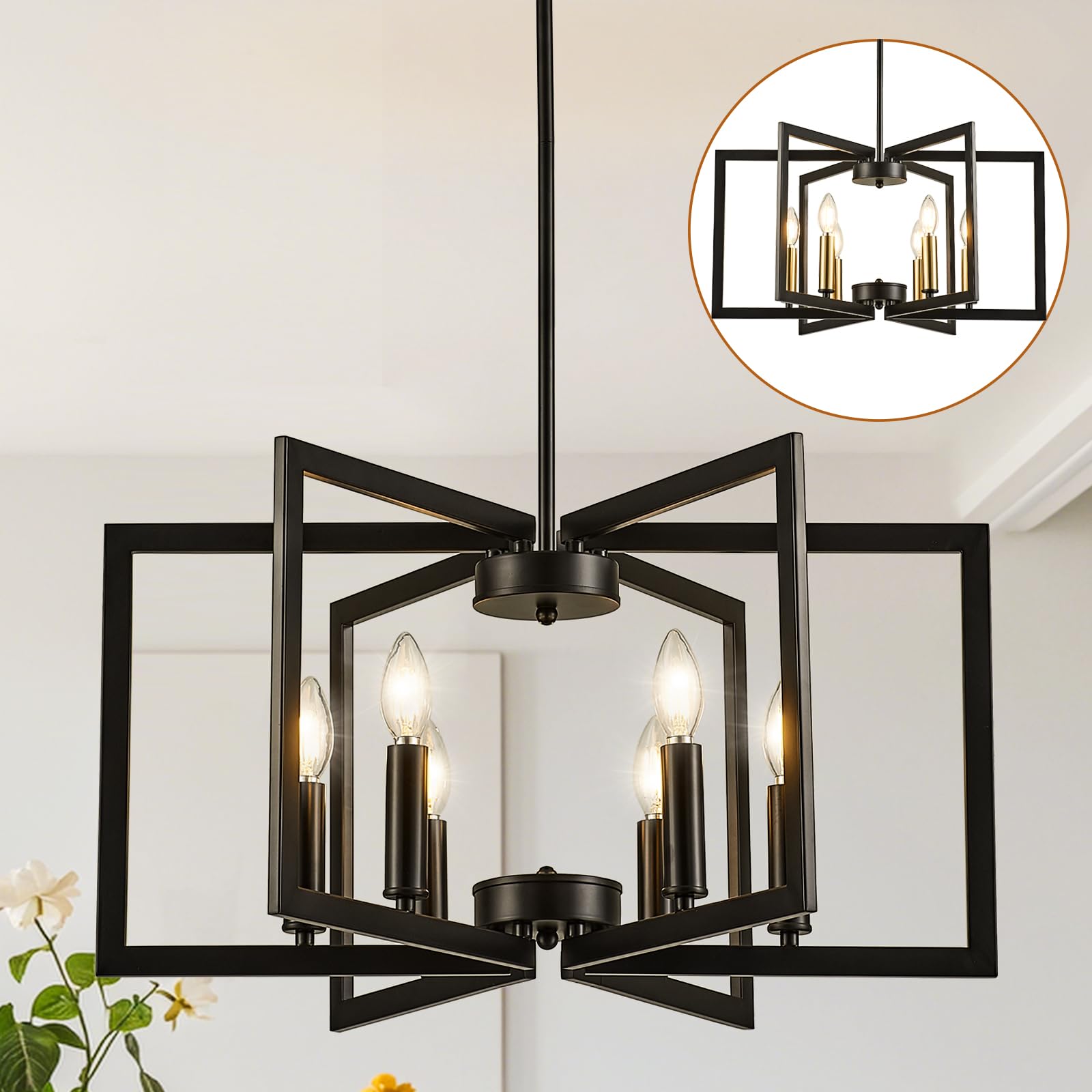 IUEST  6 Light Black Chandelier for Dining Room Light Fixture Over Table Foyer Lighting Fixtures Modern Farmhouse Geometric Metal Hanging