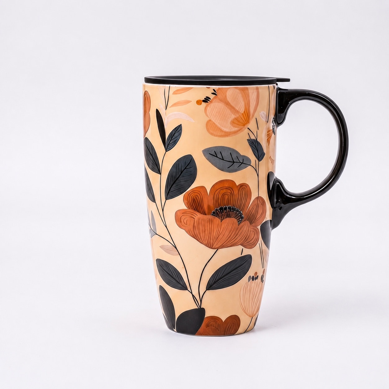 Aoibox  17 oz Green Leaves and Flowers Ceramic Travel Mug with Sliding Lid and Handle for Car Cup Holder