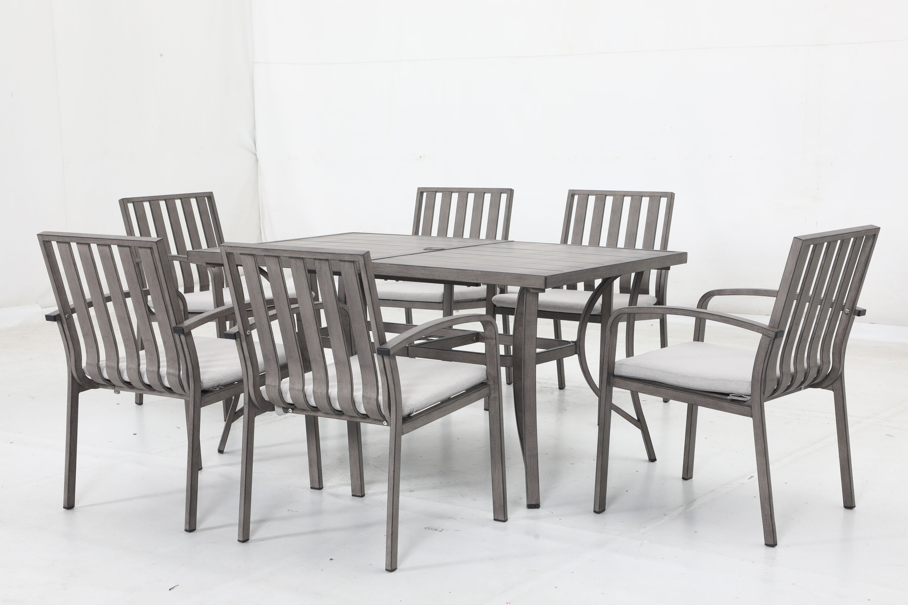 CikaCika L168082A 7 -Piece Gray Patio Dining Set Aluminum Rectangle Table with 6 Beige Cushions Stationary Chairs