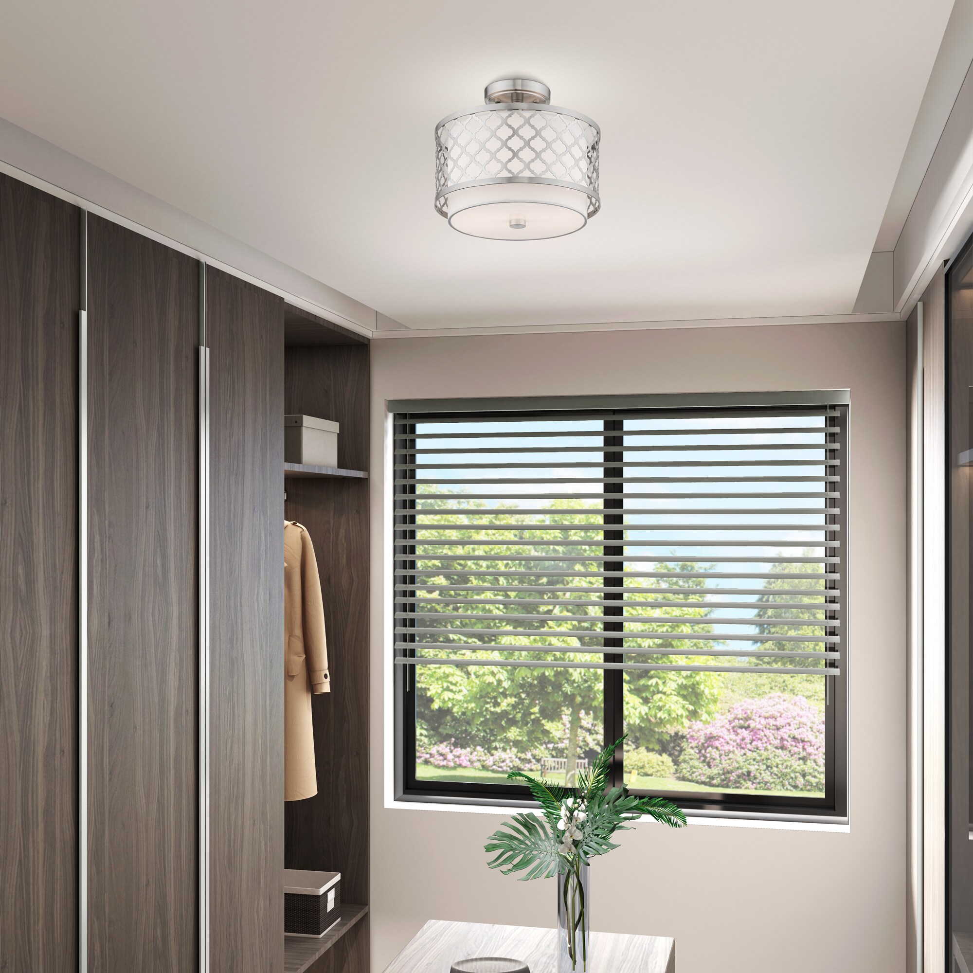Brushed Nickel Drum Semi-Flush Mount Light with Glass Shade