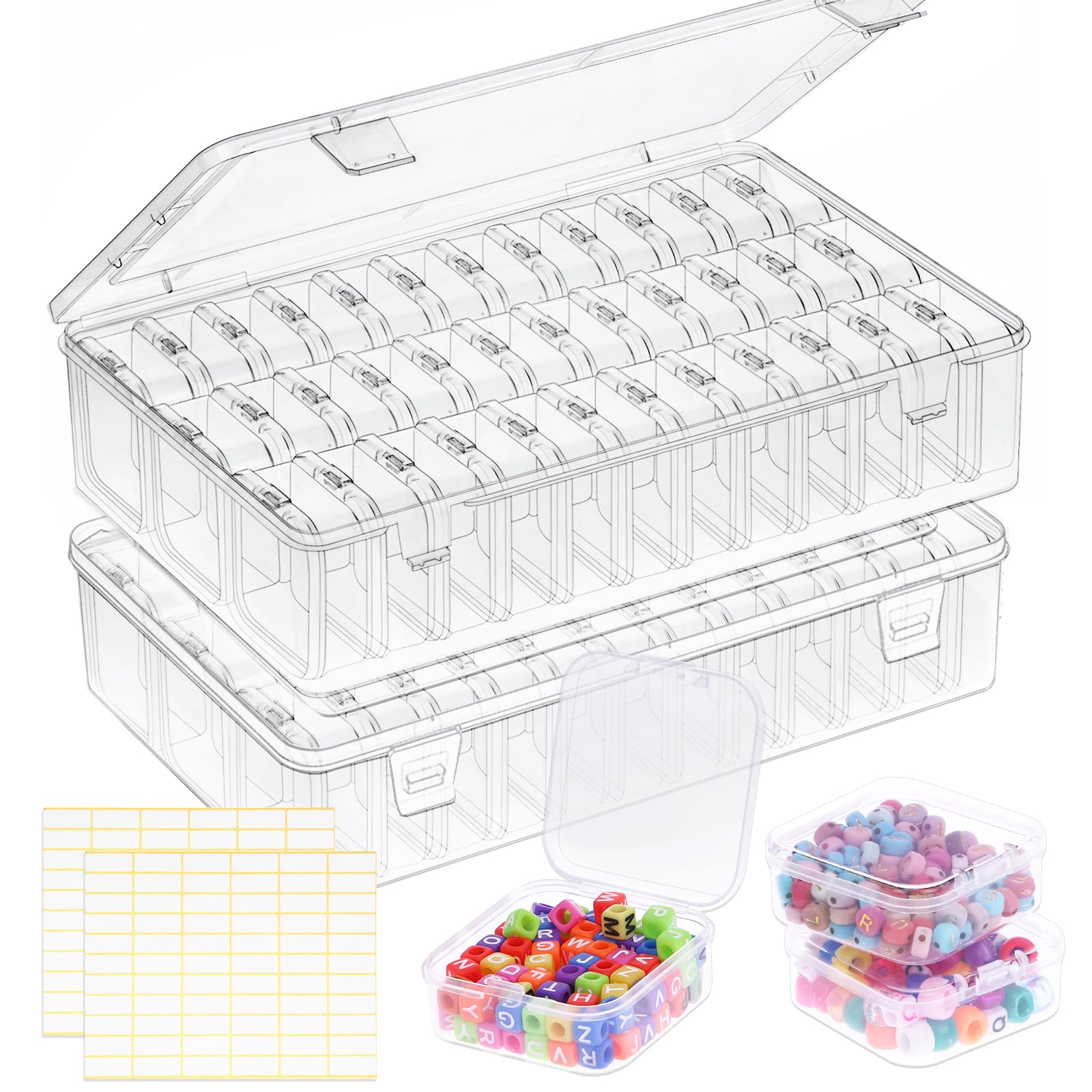 AKSCYZM  Bead Organizer Box with 72 Small Clear Plastic Containers and Labels for Jewelry Craft Storage and Small Parts Organization