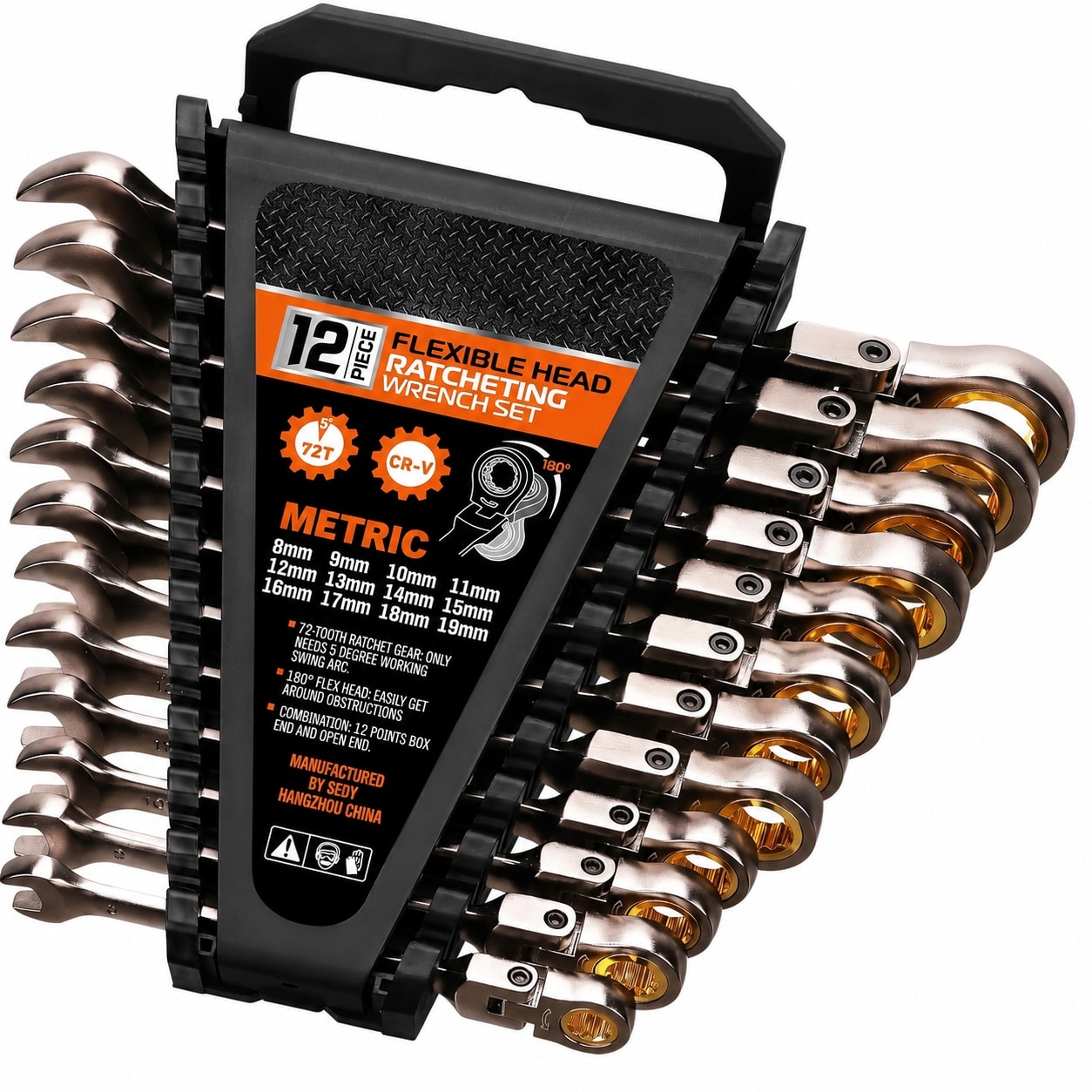 Etokfoks 12 Piece Metric Drive Ratcheting Wrench Set Flex Head 72 Tooth Chrome Vanadium Steel with Organizer Carrier #LET8PZLOO