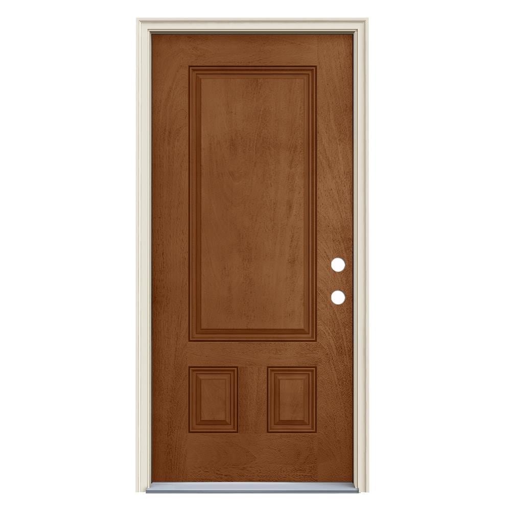 JELD-WEN LOWOLJW231600013 36-in x 80-in x 4-9/16-in Fiberglass No glass Left-hand inswing Hazelnut Stained Prehung Front Door with Brickmould Insulating core