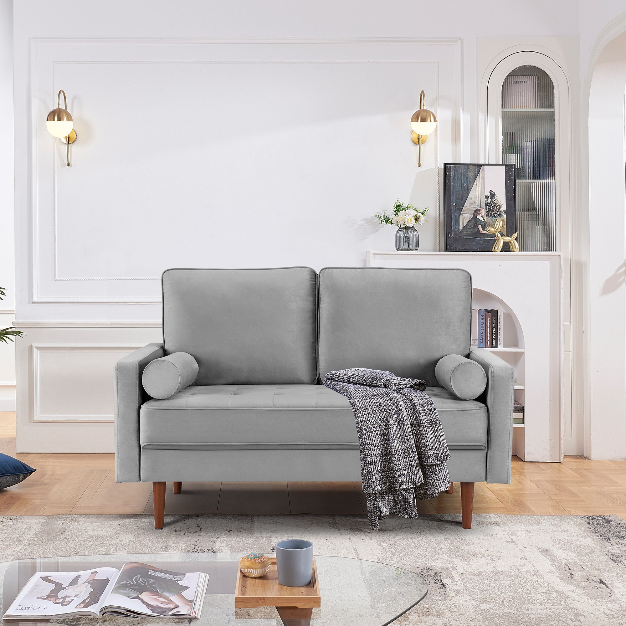 57 Inch Grey Velvet Loveseat with Bolster Pillows