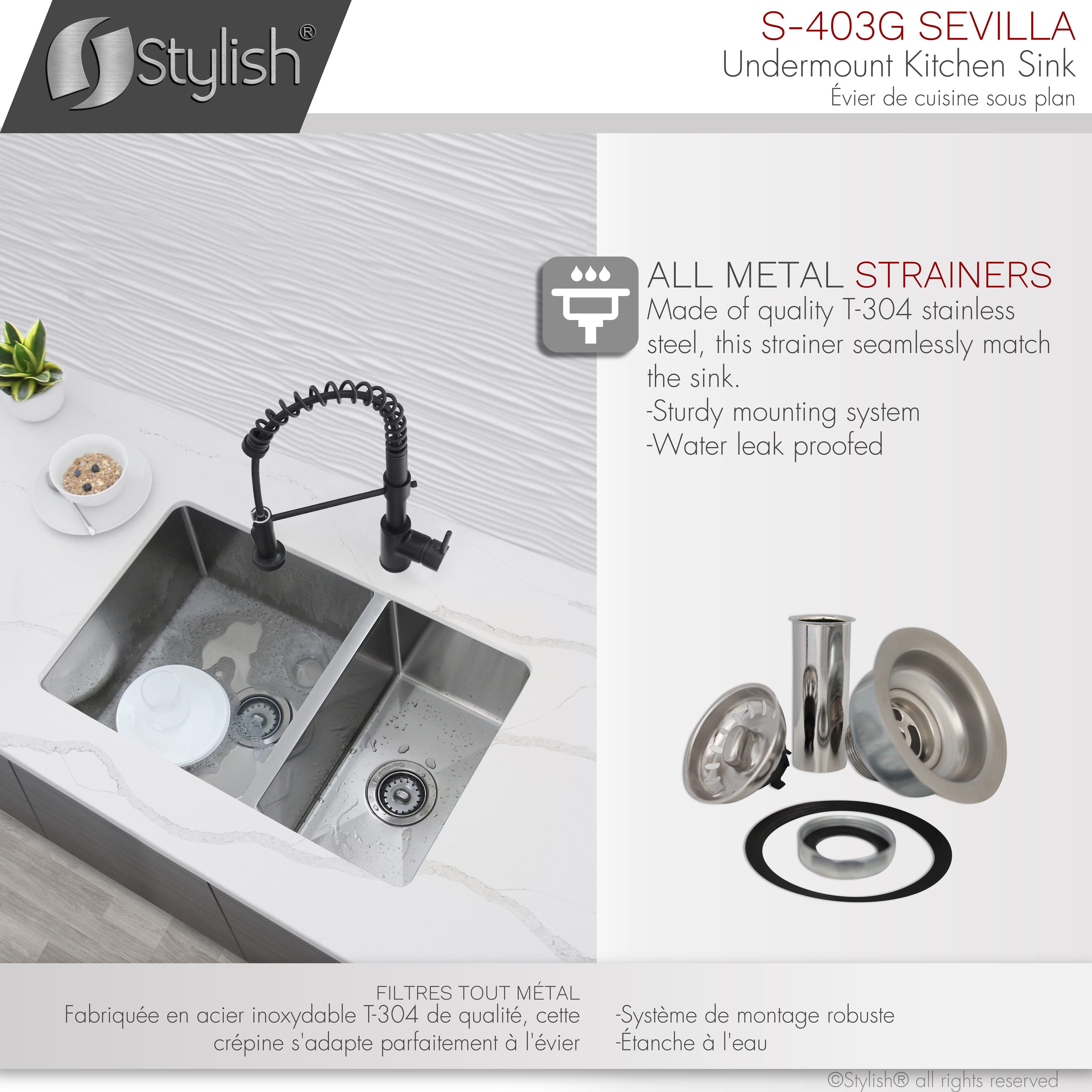 Stylish Sevilla 28 x 18 Undermount Double Bowl Kitchen Sink 18 Gauge Stainless Steel with Standard Strainers S-403