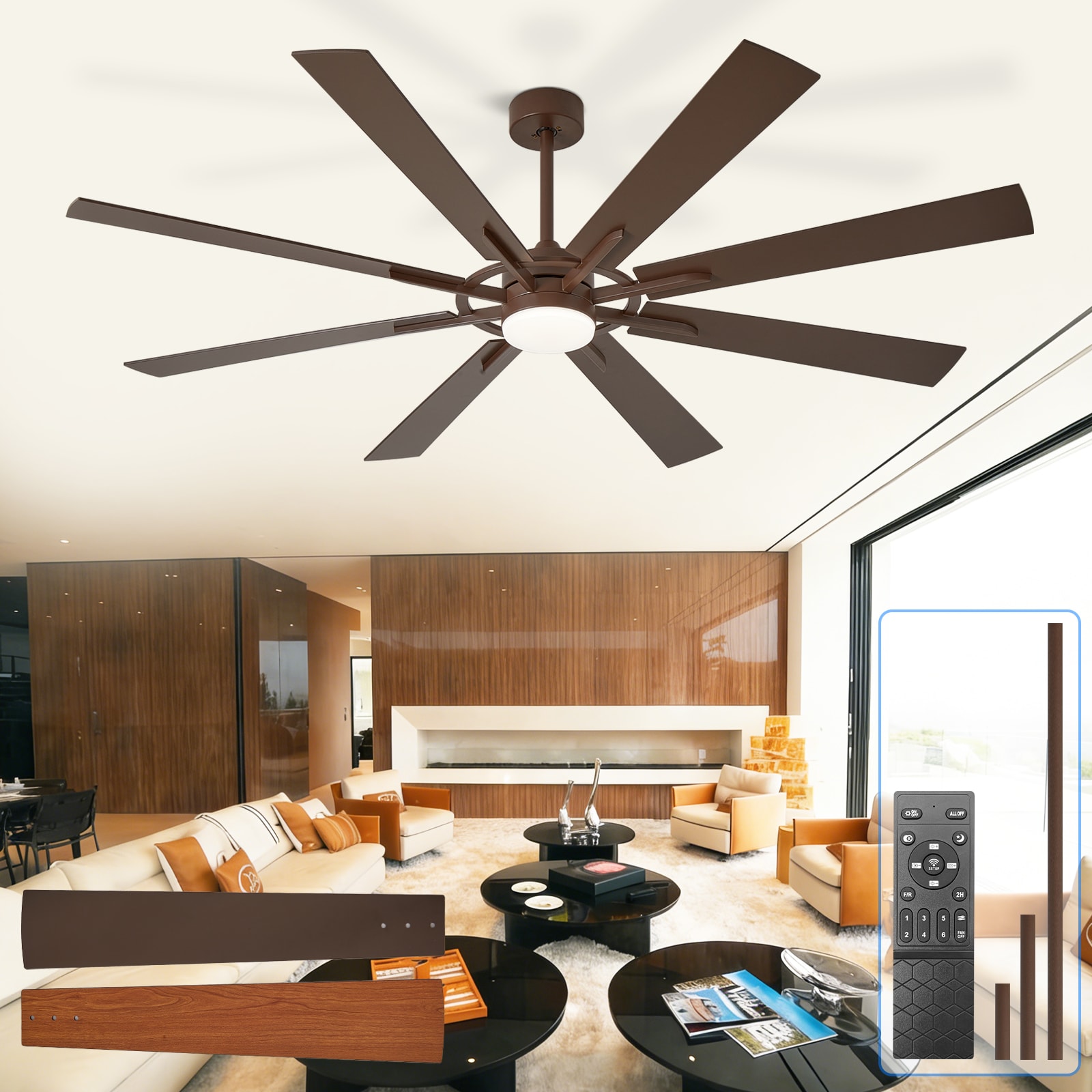 Dovanpaul 66 Inch Large Ceiling Fan with Light Modern 8-Blade Walnut and Wood Grain Indoor Outdoor Fans with Remote App Control Dimmable Light Ultra Quiet DC Motor Reversible 6 Speed Timer