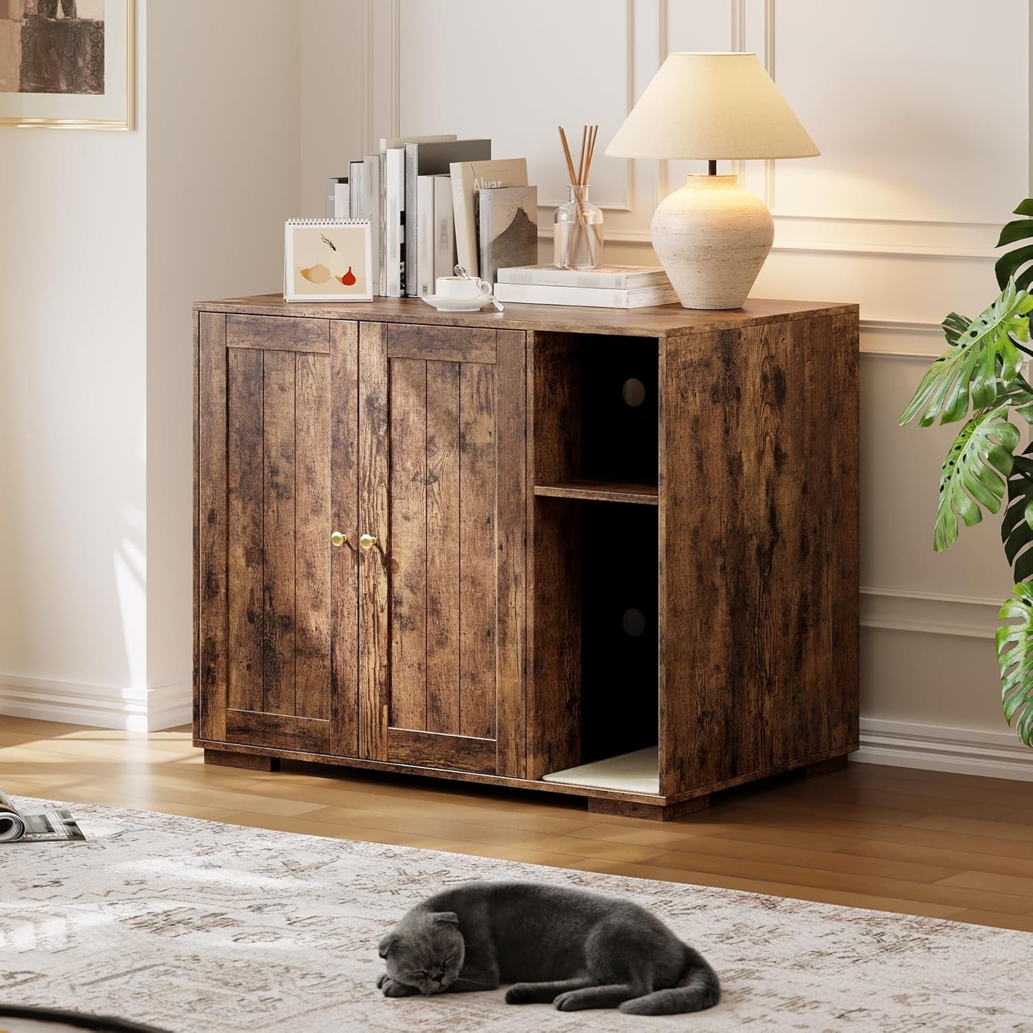 Garvee Cat Litter Box Enclosure Cabinet Large Furniture Hider with Power Outlet and Non-Slip Brown