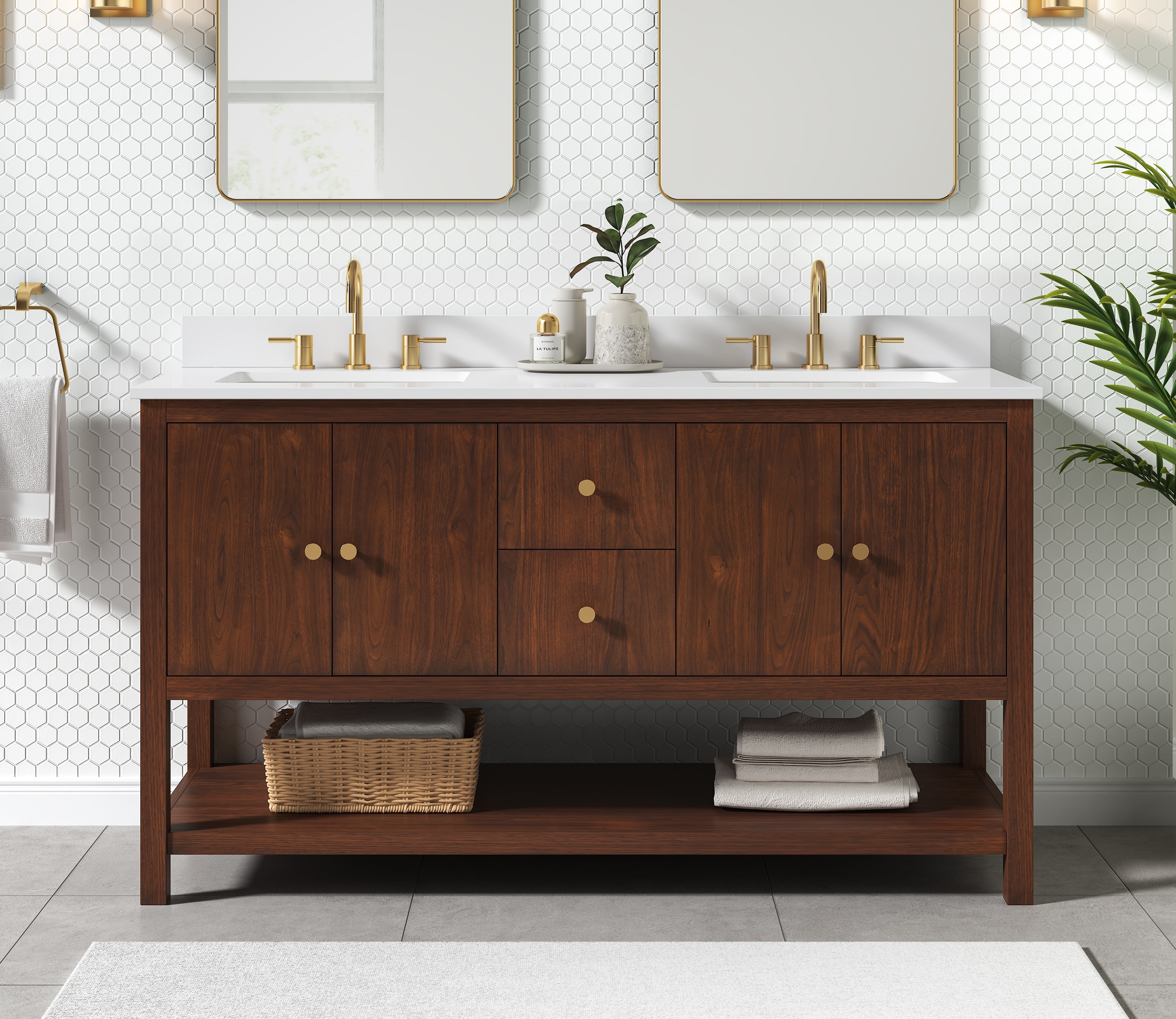 Avanity ZOE-VS61-WA 61-in Walnut Undermount Double Sink Bathroom Vanity with White Quartz Top