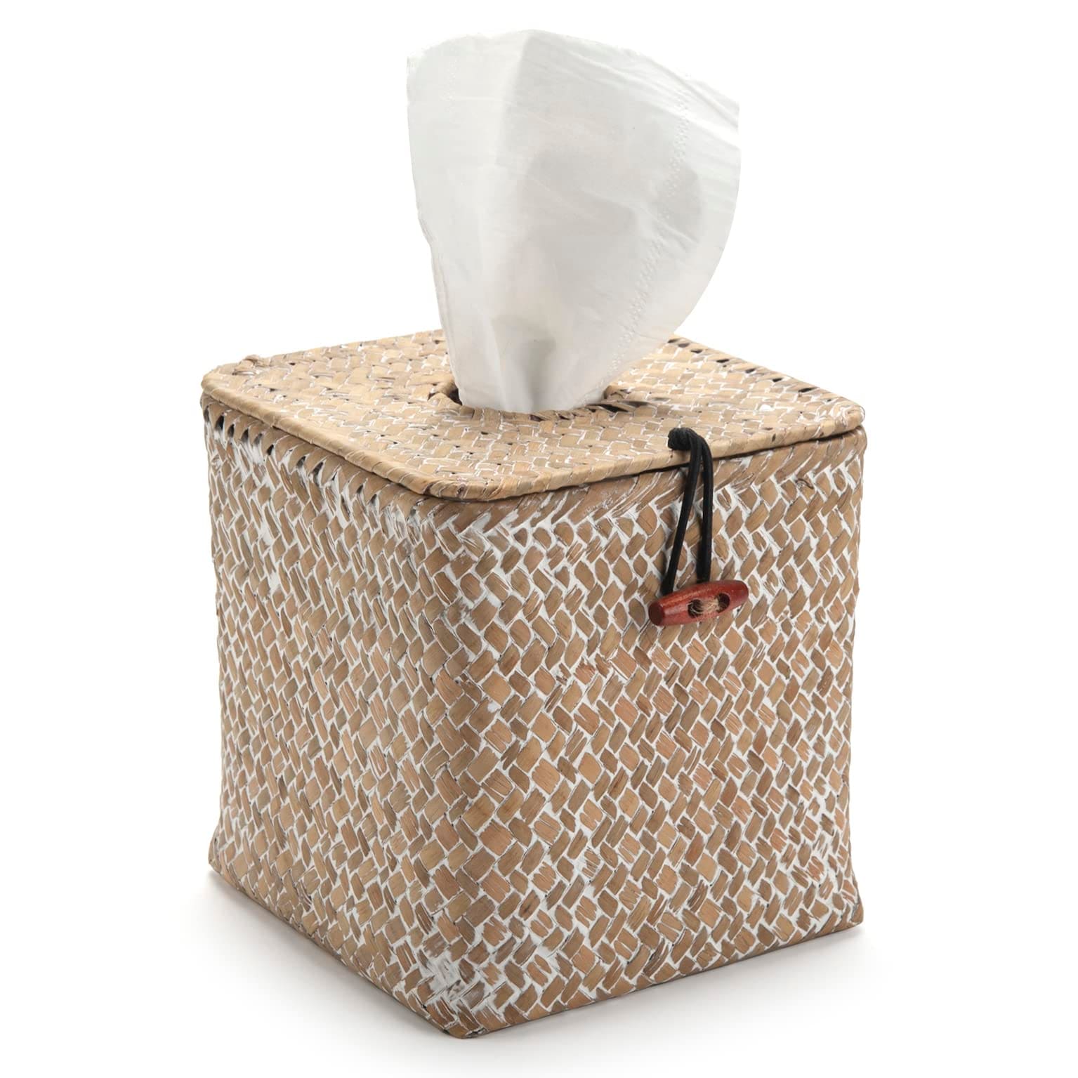 Etokfoks  Whitewash Seagrass Square Tissue Box Cover with Openable Lid for Bathroom Home Car or Office Decor