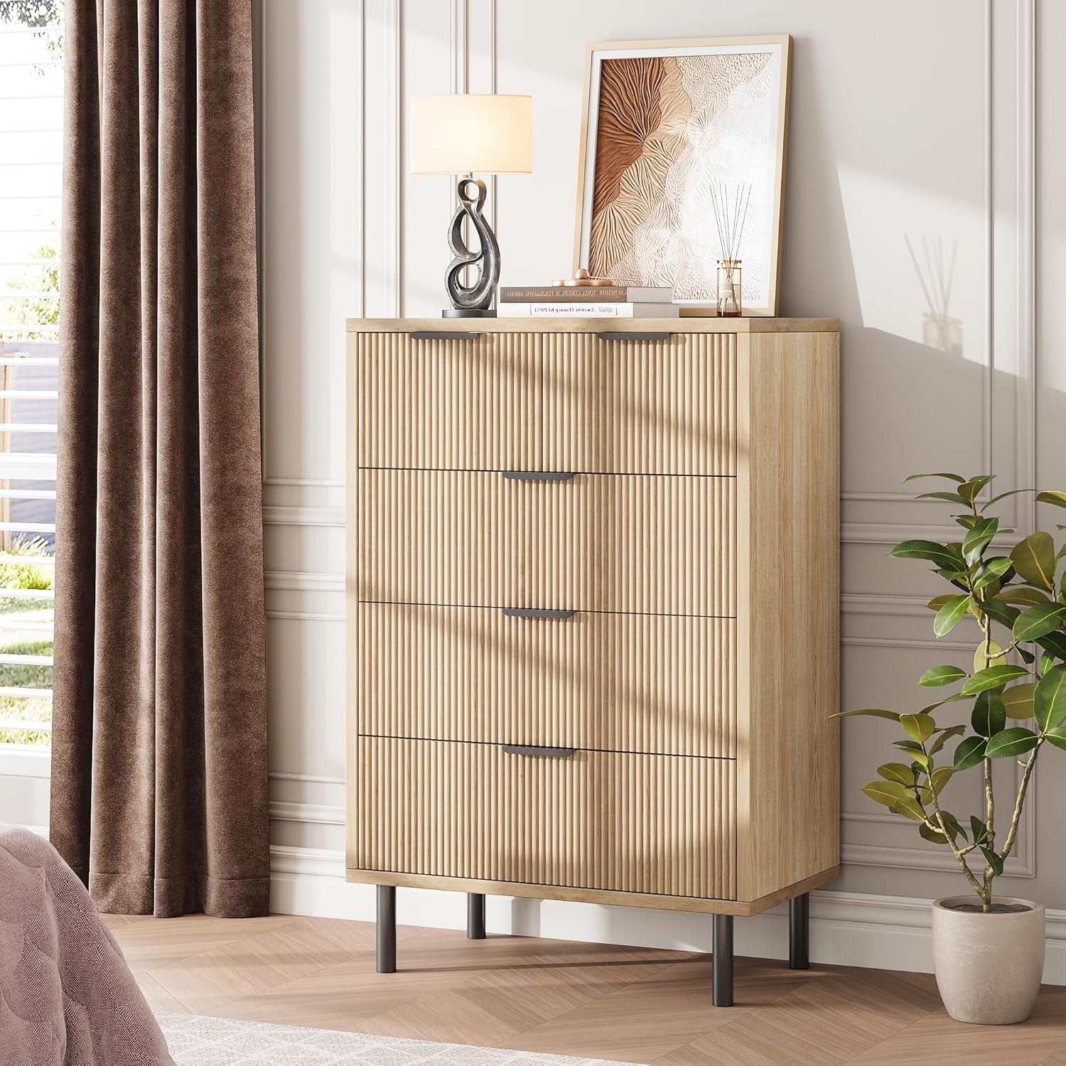 Der Rose Fluted 5 Drawer Dresser for Bedroom  Wooden Drawer Chest Storage Cabinet Modern Tall Chest of Drawers with Metal Legs  f