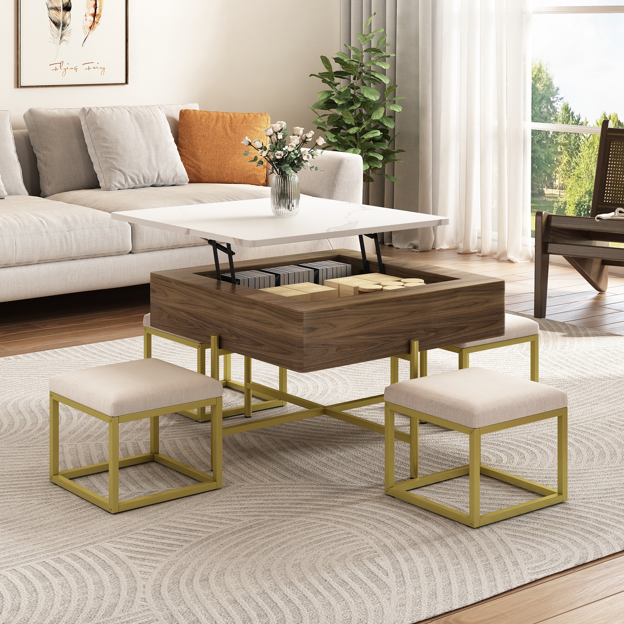 ModernLuxe L3P-CH192954AAK Modern Square LiftTop Coffee Table Set with Storage  4 Ottomans White  Walnut