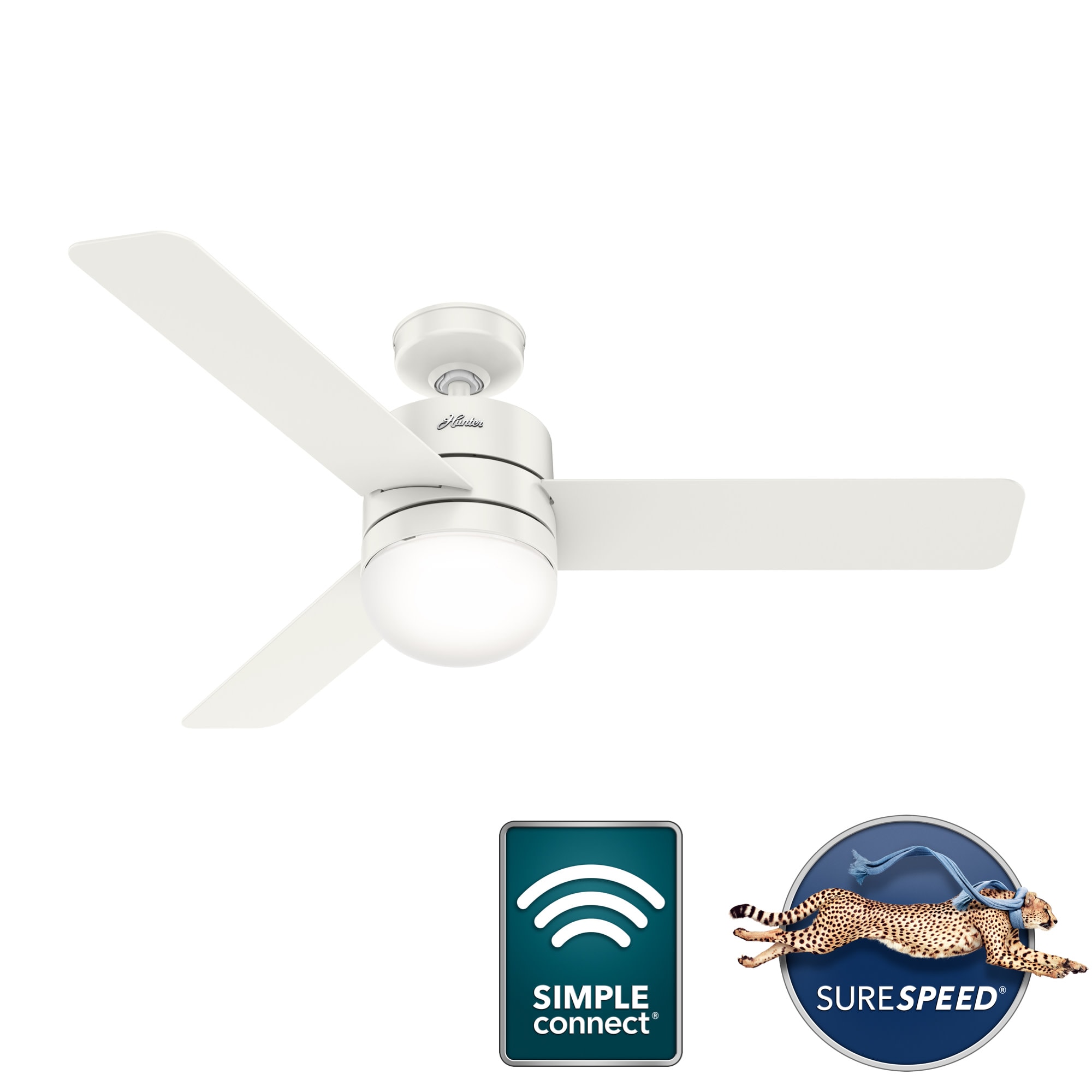 Hunter 51373 Neutron 54-in Fresh White with Fresh White Blades Integrated LED Fixture Indoor Downrod mount Smart Compatible Standard Ceiling Fan With Light and Remote ( 3 -Blade)