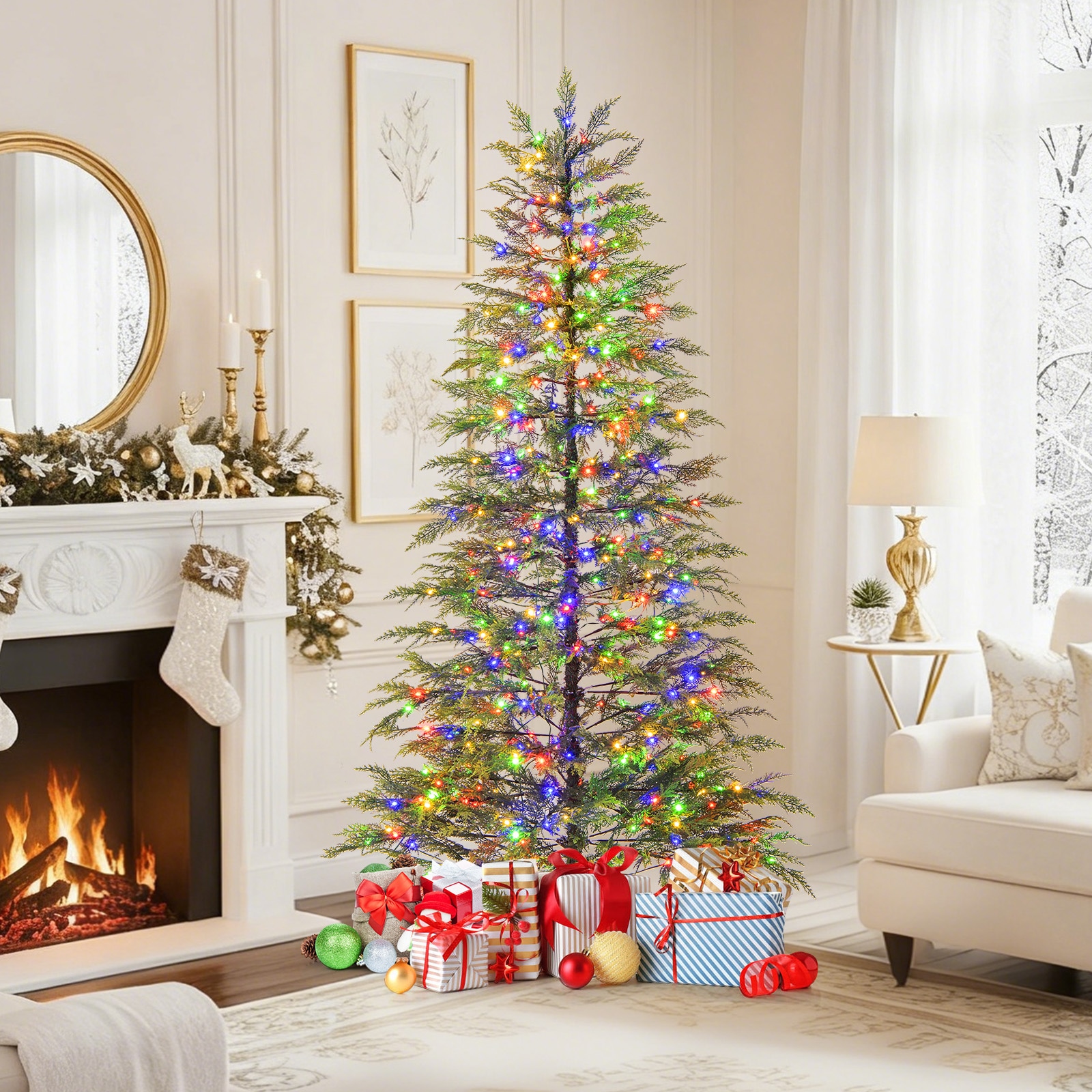 Forclover Artificial Christmas Tree 6.5-ft Pre-lit Artificial Christmas Tree with Multicolor LED Lights