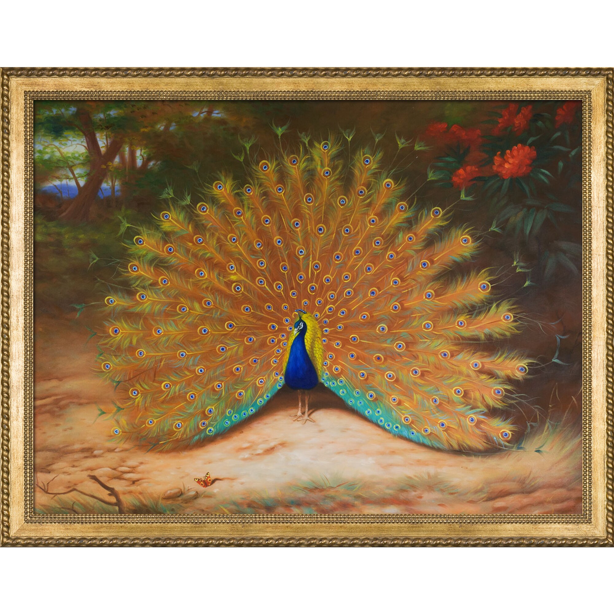 La Pastiche 688576622828 Peacock and Peacock Butterfly, 1917 Archibald Thorburn Gold Wood Framed 34.75-Inches H x 44.75-Inches W Animals Canvas Hand-Painted Painting