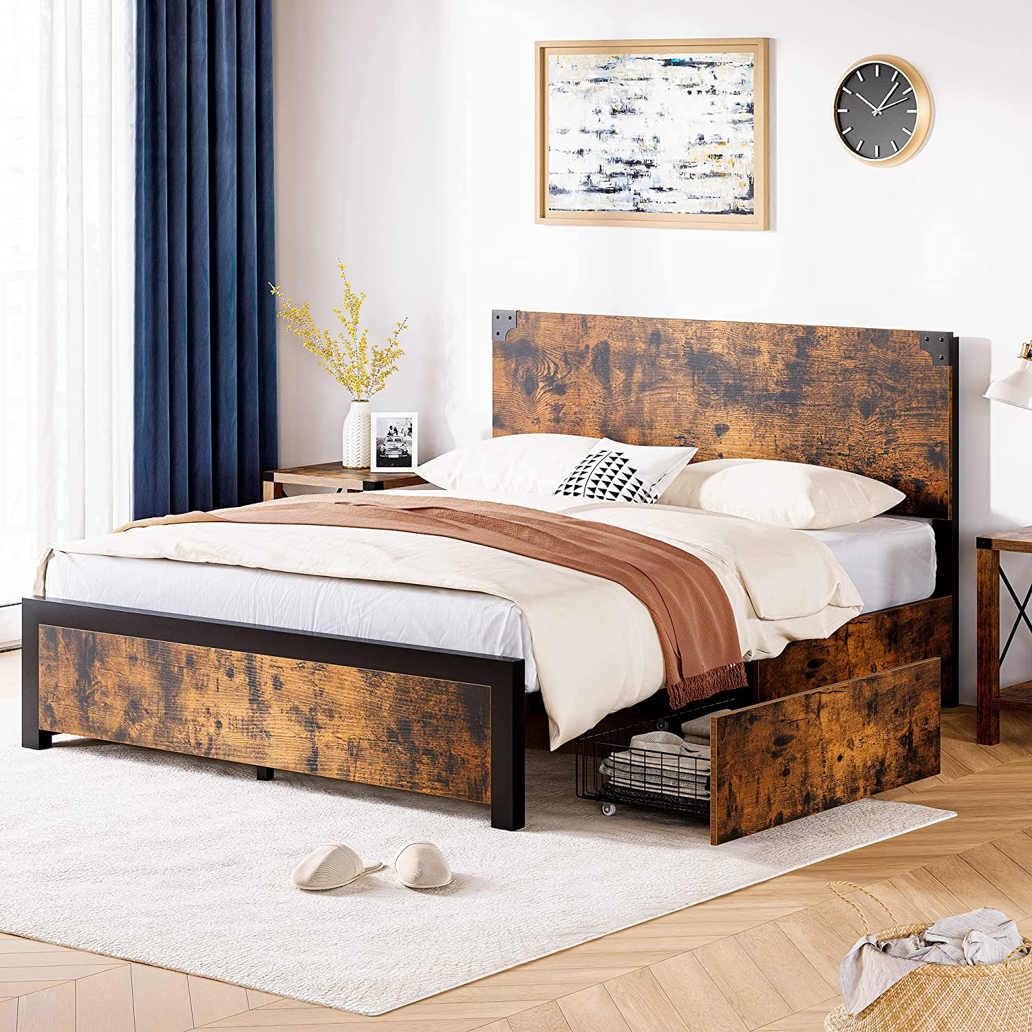 Garvee PHO-0V1QPJEX Rustic Brown Queen Wood and metal Platform Bed with Storage