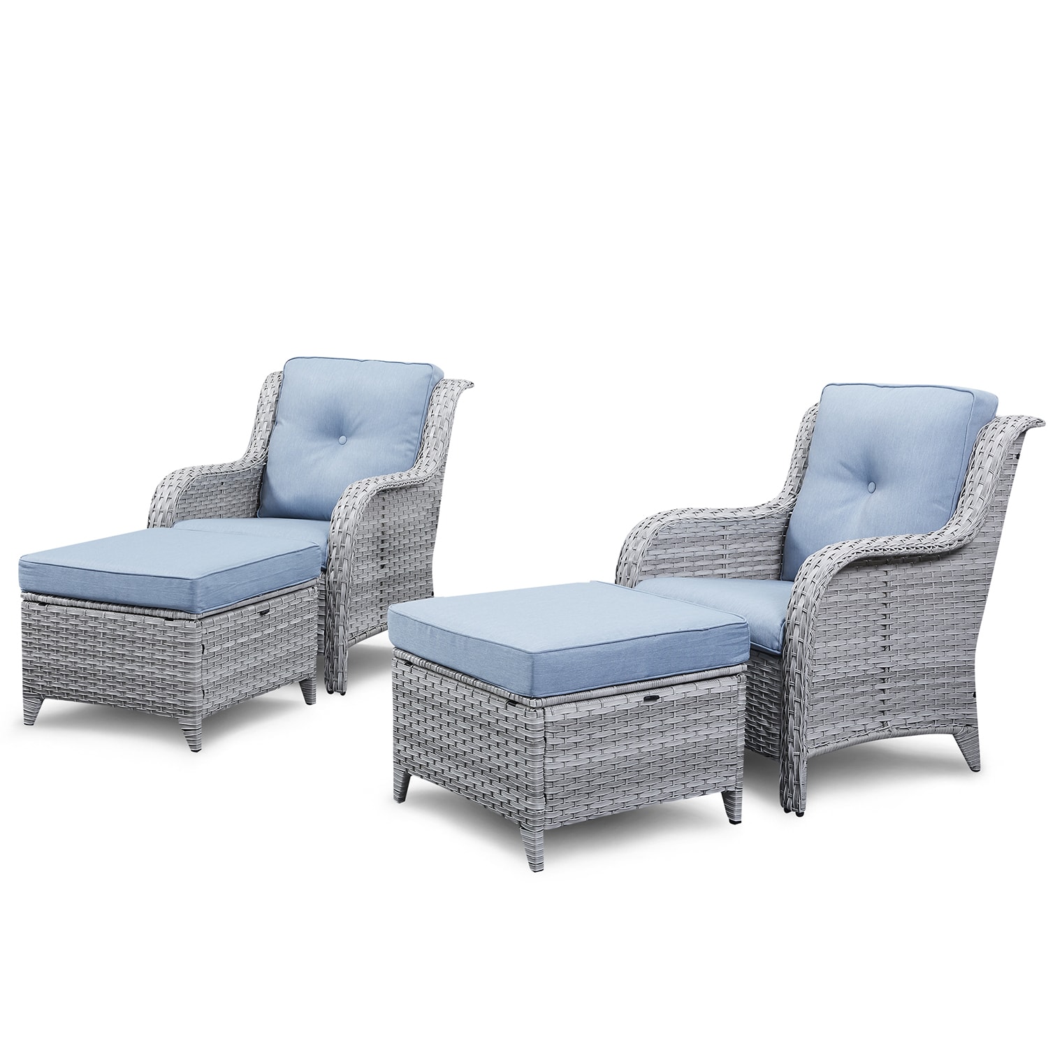 Rilyson FS076075-BB Curved handrail Set of 2 Wicker Light Gray Steel Frame Stationary Conversation Chair with Blue Light Blue Cushioned Seat