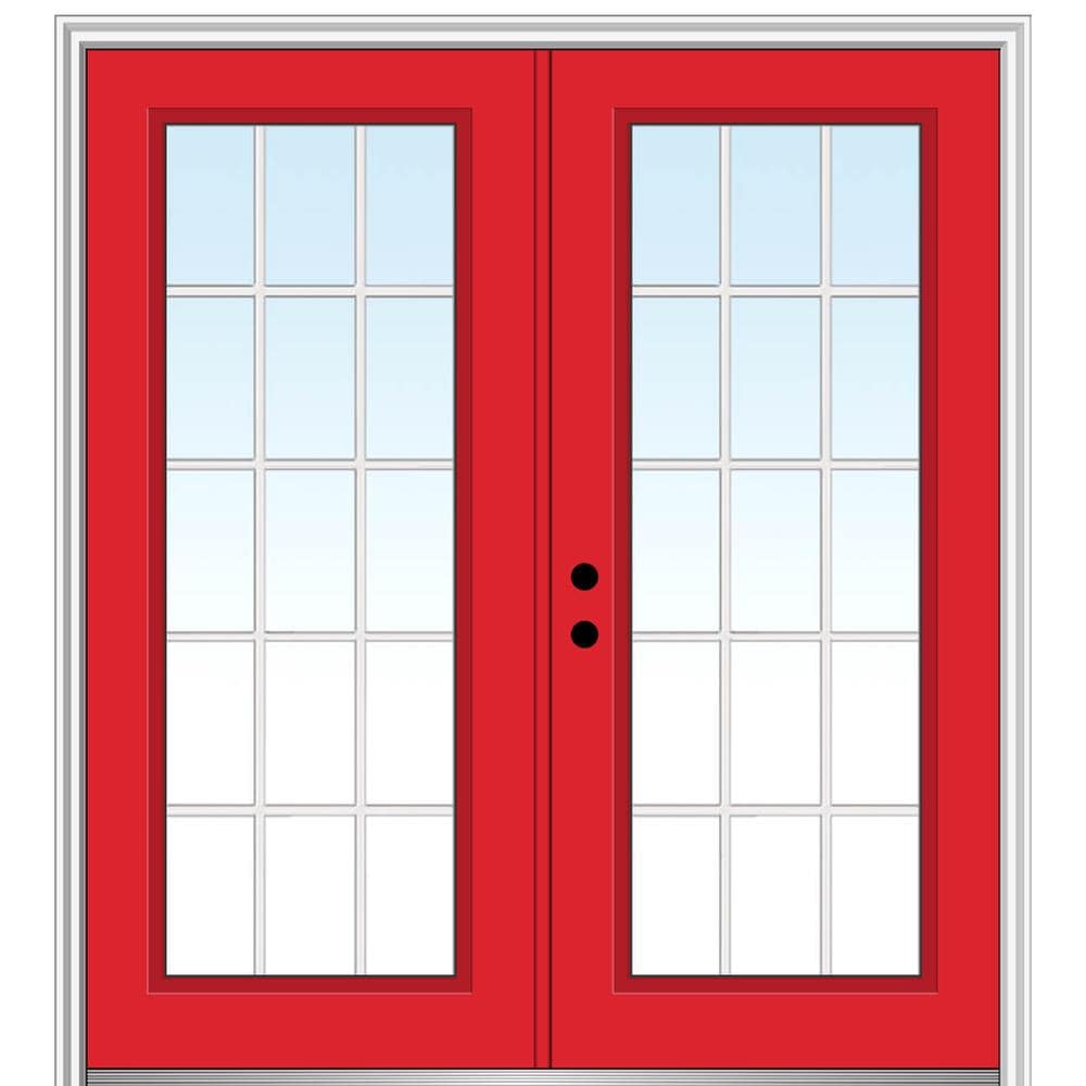 MMI DOOR ZZ23506R 64-in x 80-in x 4-9/16-in Fiberglass Full lite Right-hand inswing Red Saffron Painted Prehung Double Front Door with Brickmould Insulating core with Grilles
