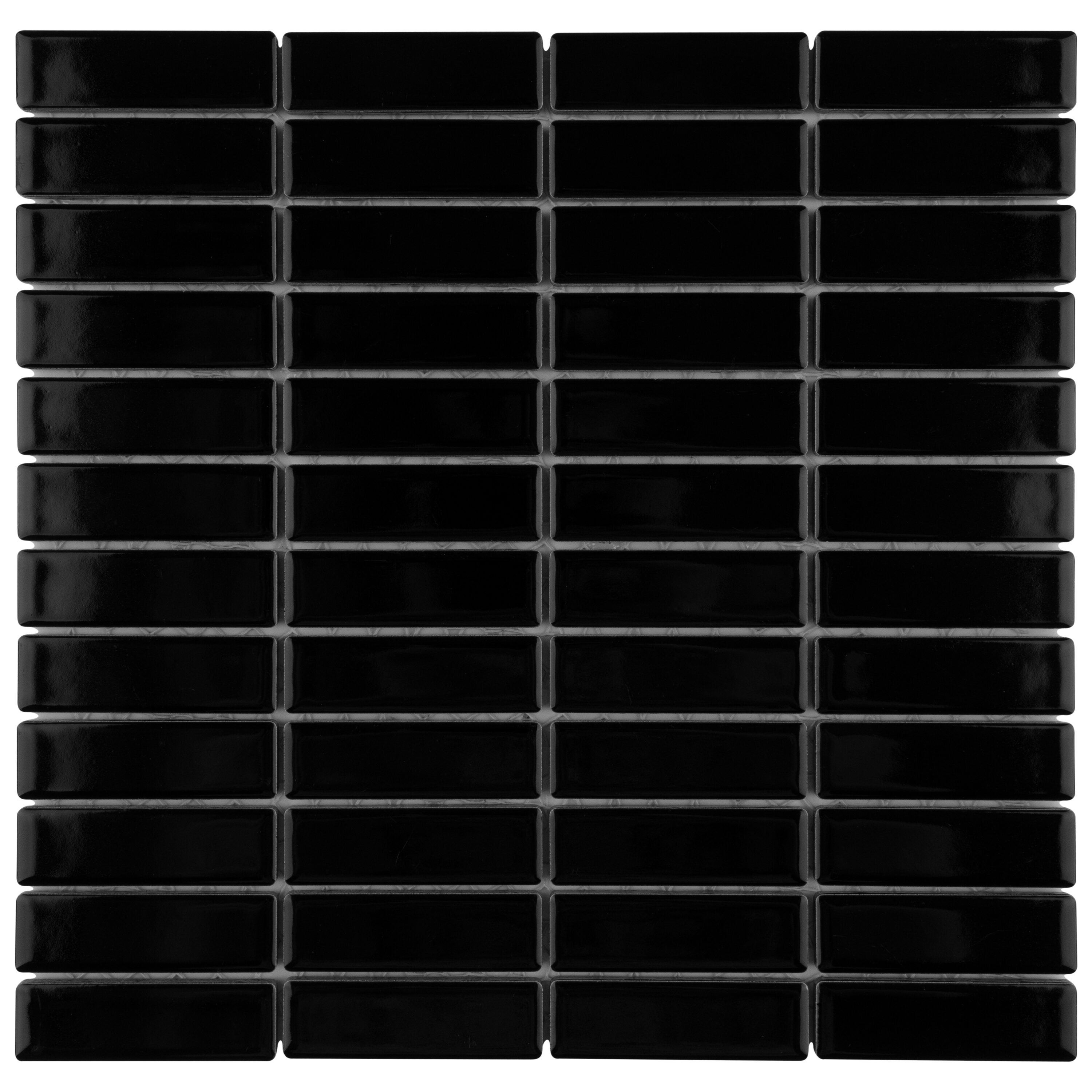 Affinity Tile FTCMBSTGBK Metro Brick Stacked Glossy Black 12-in x 12-in Glossy Porcelain Patterned Linear Floor and Wall Tile (9.6-sq. ft/ Carton)