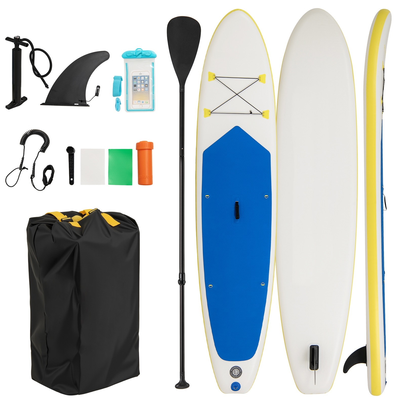 Slickblue 11-Ft Inflatable Stand Up Paddle Board (Adjustable Paddle Fin Accessory Kit) – For Lakes Rivers Coastal Waters and Ocean Adventures- White Yellow and Blue