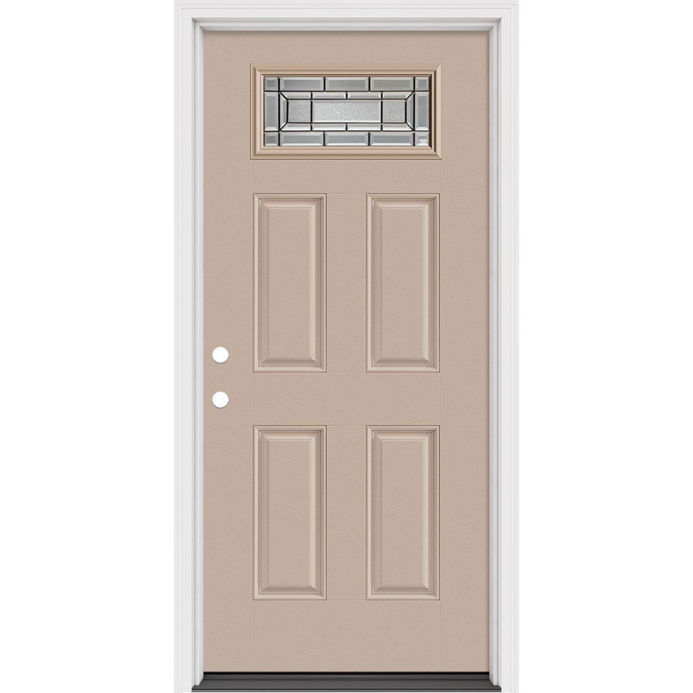 Masonite 633088 Sequence 36-in x 80-in x 4-9/16-in Fiberglass 1/4 lite Right-hand inswing Sandy Shore Painted Prehung Front Door with Brickmould Insulating core