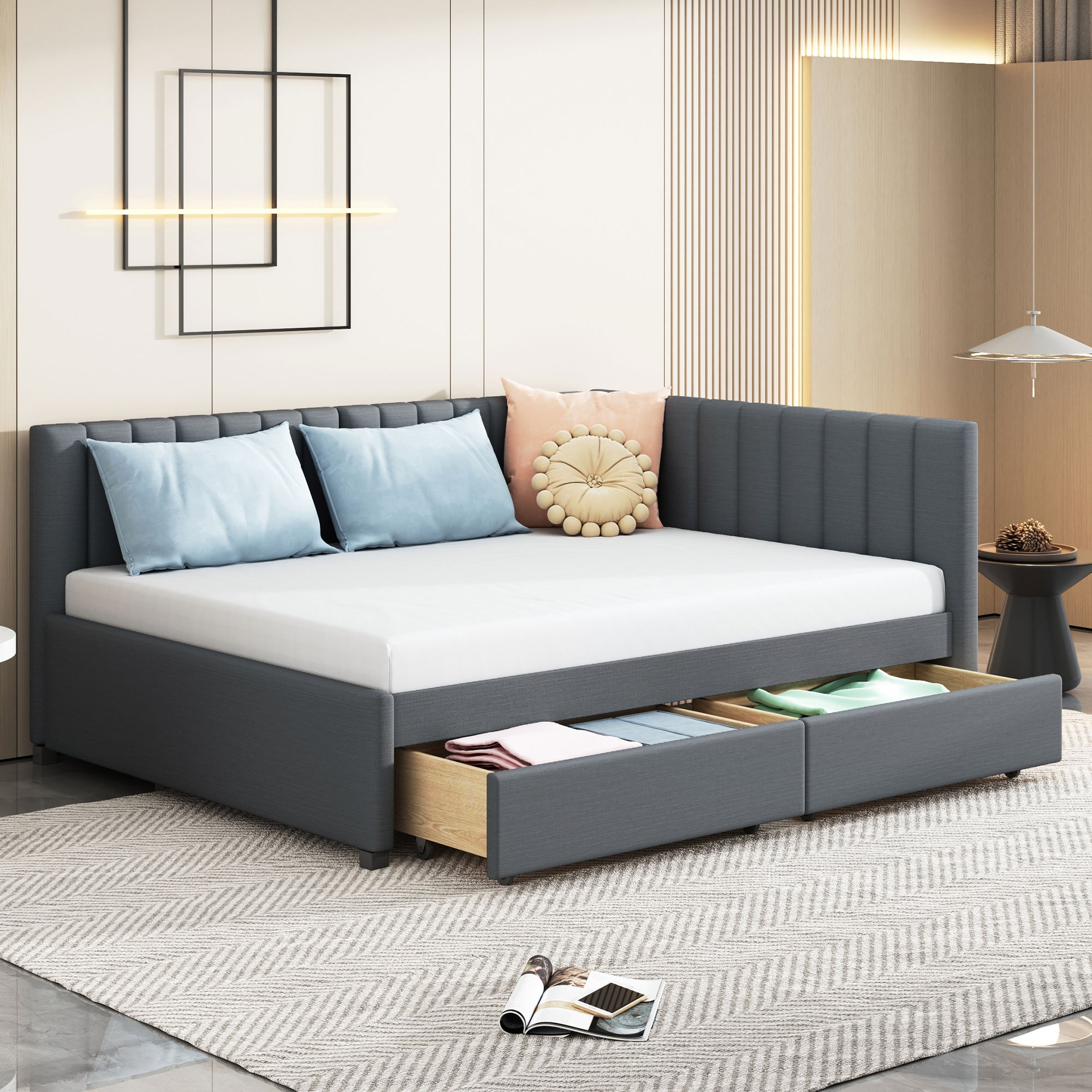 ModernLuxe LP000172AAE Full Size Upholstered Daybed with 2 Storage Drawers Sofa Bed Frame No Box Spring Needed Linen Fabric Gray