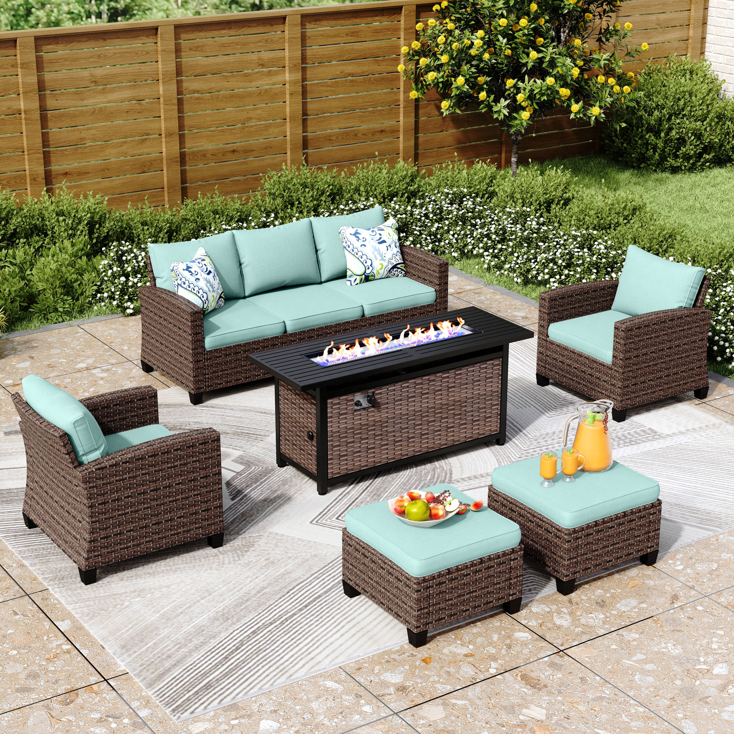 Sunshine Valley CR007-09-7-BU-GS103 Patio Furniture Set with Fire Pit 6 -Piece Wicker Patio Sofa Conversation Set with Blue CUSHION PRO Cushions