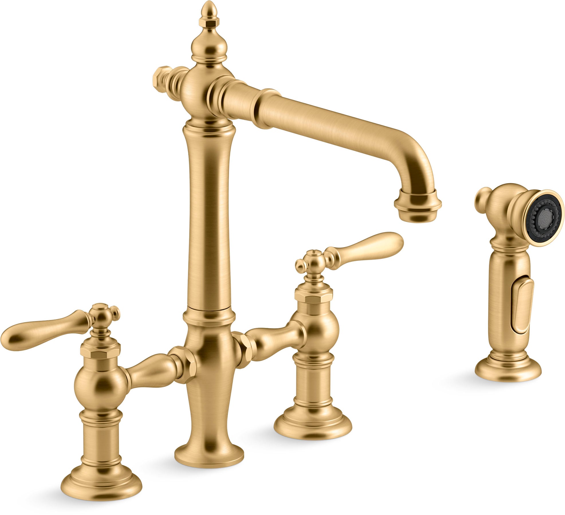 KOHLER 76519-4-2MB Artifacts Vibrant Brushed Moderne Brass Double Handle Deck-mount Bridge Kitchen Faucet with Sprayer ( Side Sprayer Included )