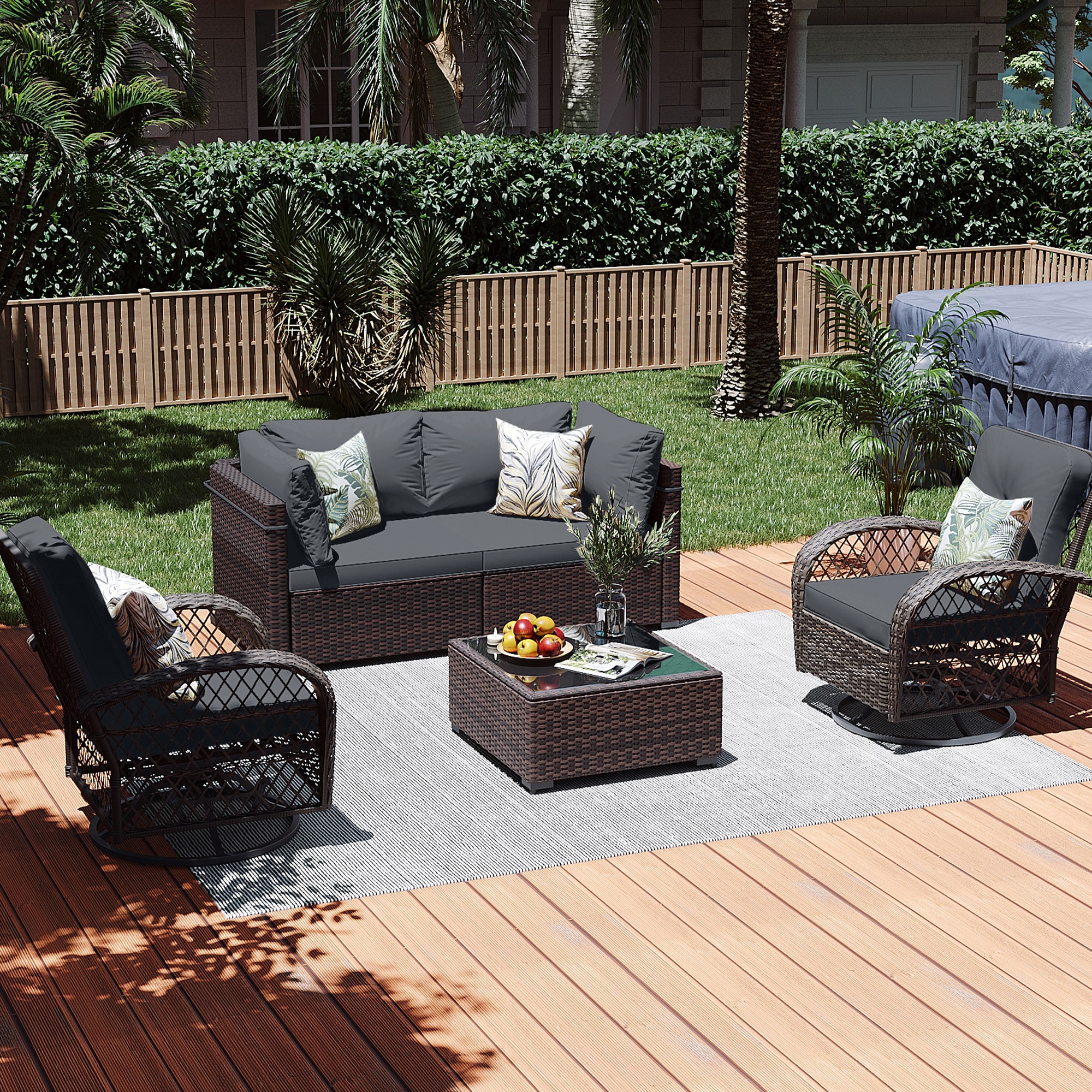 Patio Watcher LS-Z-Y9-B3 5 -Piece Rattan Patio Conversation Set with Dark Gray Cushions