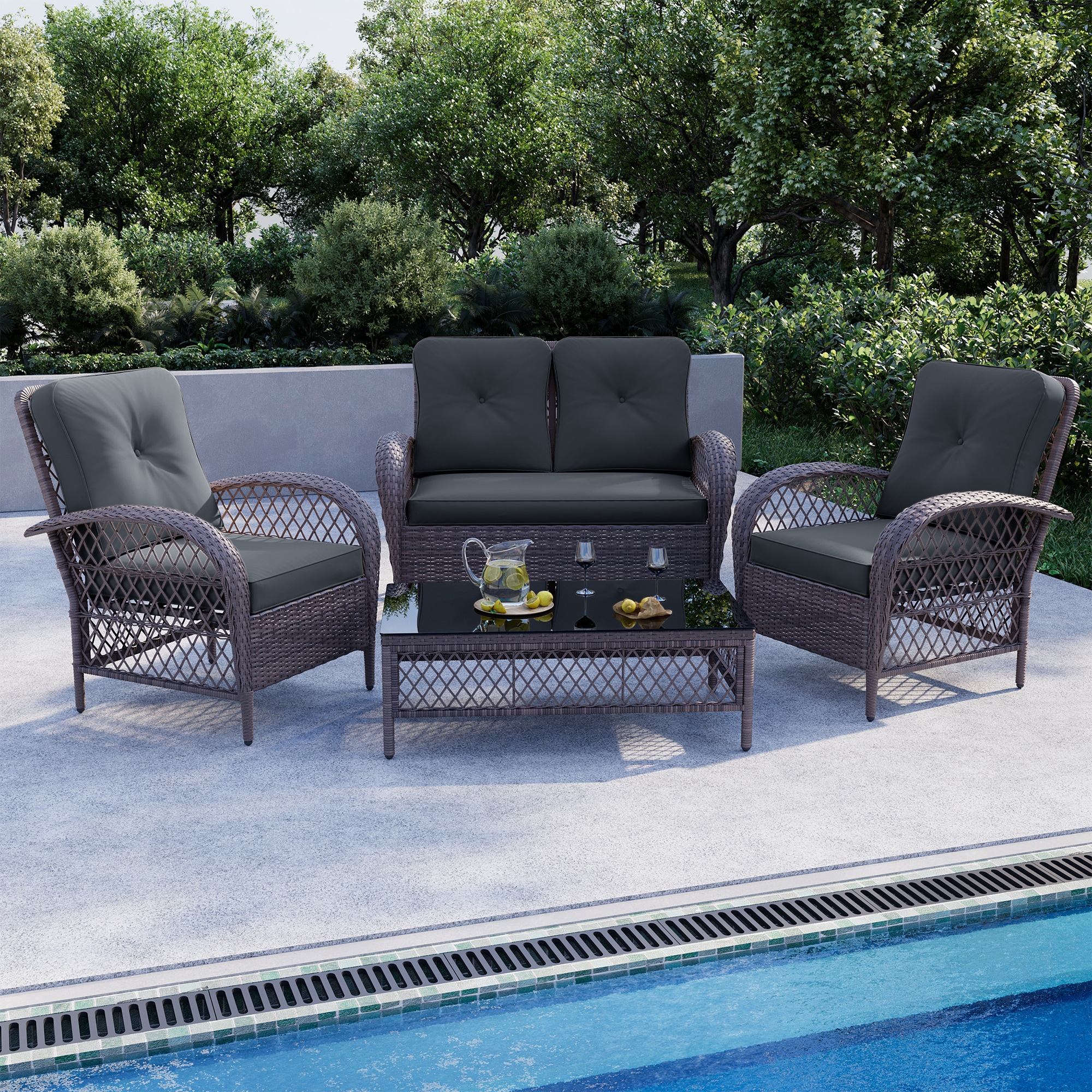 UPHA LHBR-AB-DGRAY 4 -Piece Wicker Patio Conversation Set with Gray Cushions
