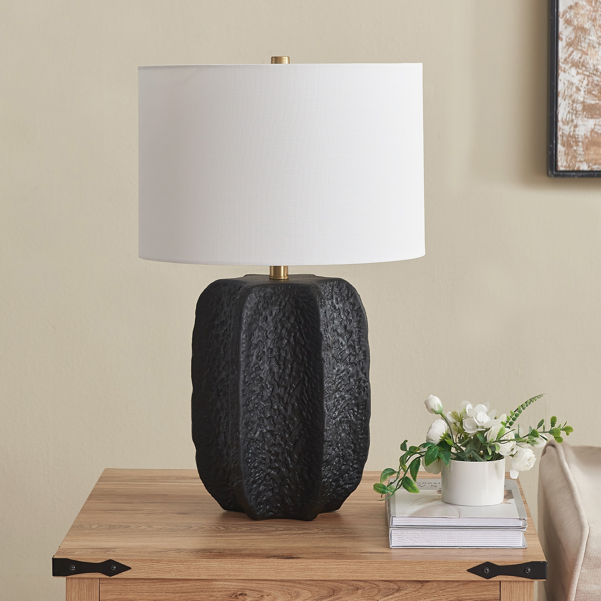 Hailey Home TL2216 Turbida 24-in Matte Black/Brass LED Incandescent Rotary socket Table Lamp with Fabric Shade