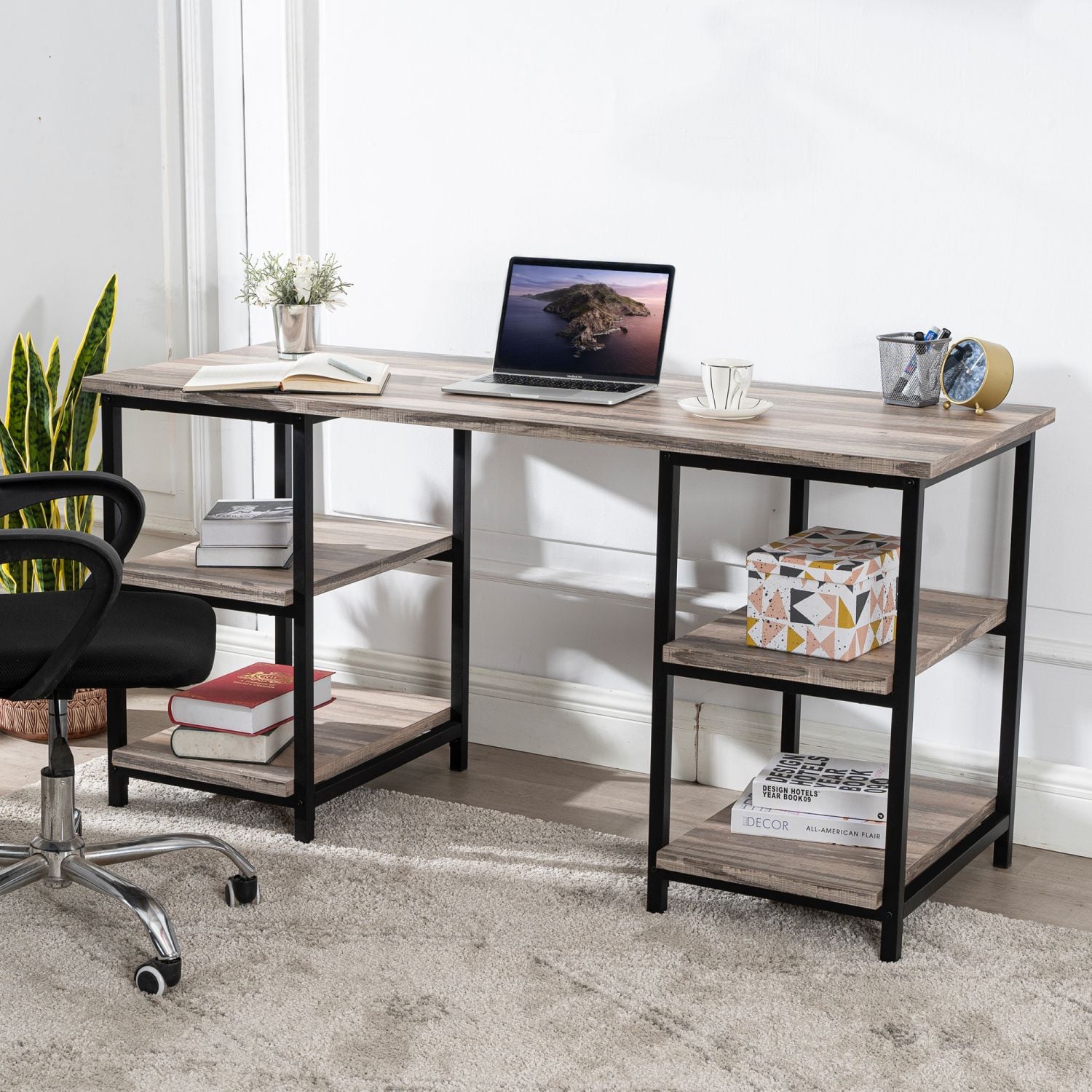 JASMODER W138561173 59 Inches Computer Desk Trestle Desk With Both Side 2-Tier Shelves, Modern Simple Style Study Work Game Desk , Workstation Home Office Table, Rustic Wood Desk