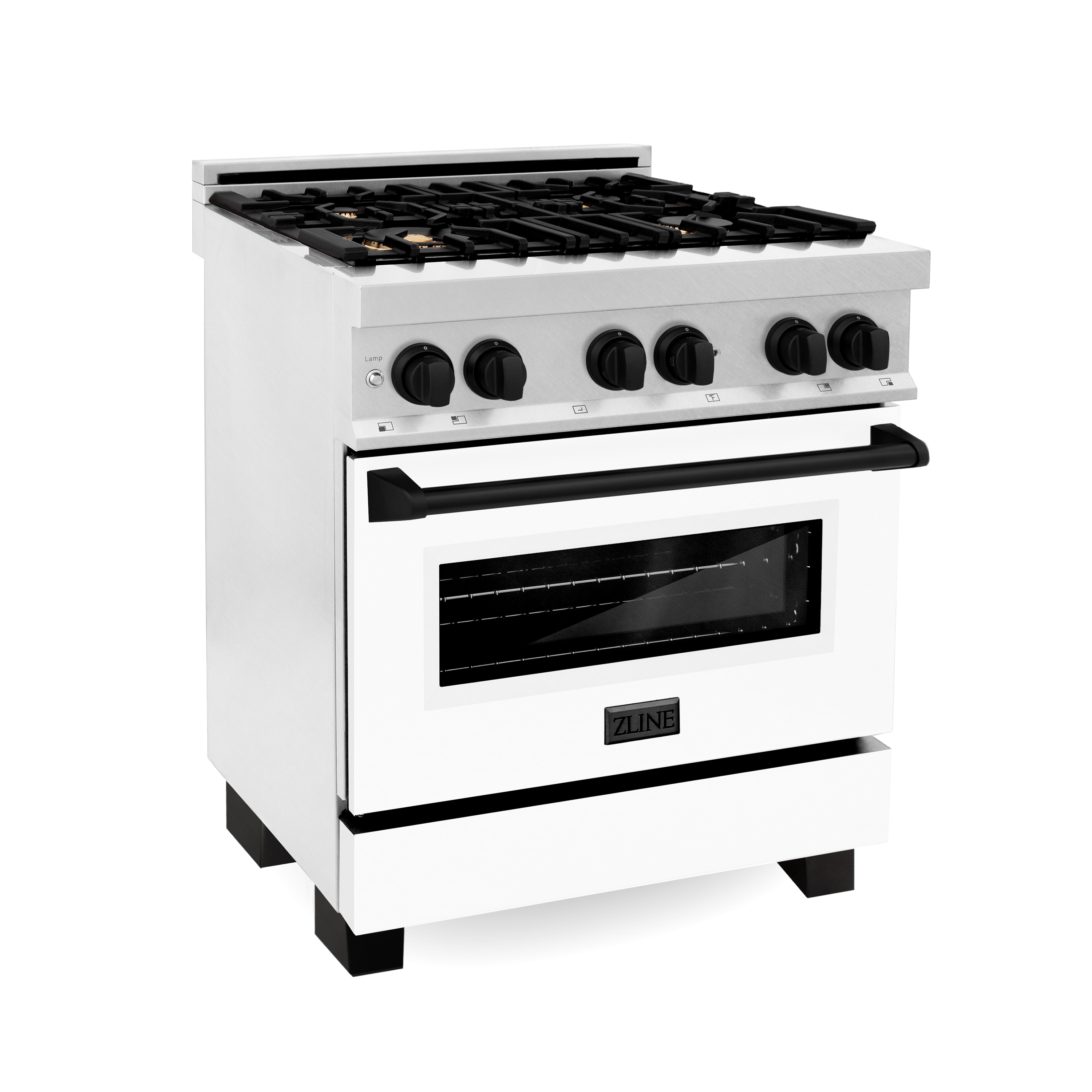 ZLINE KITCHEN & BATH RASZ-WM-30-MB Legacy 30-in Deep recessed 4 burners Convection Oven Freestanding Dual Fuel Range ( Satin Stainless Steel, White Matte Door, Matte Black Accents )