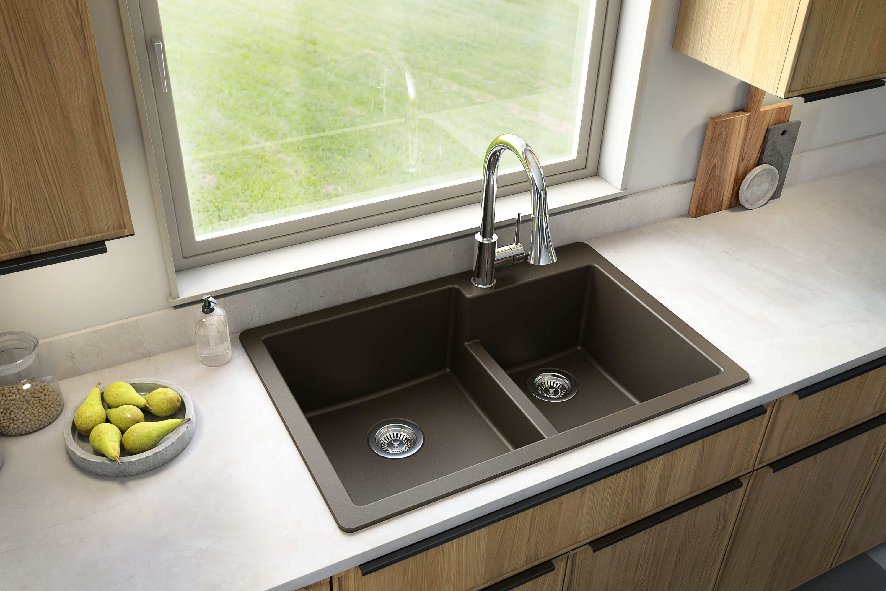 Karran QT-811-BR Drop-in 33-in x 22-in Quartz Double offset bowl 1-Hole Kitchen Sink