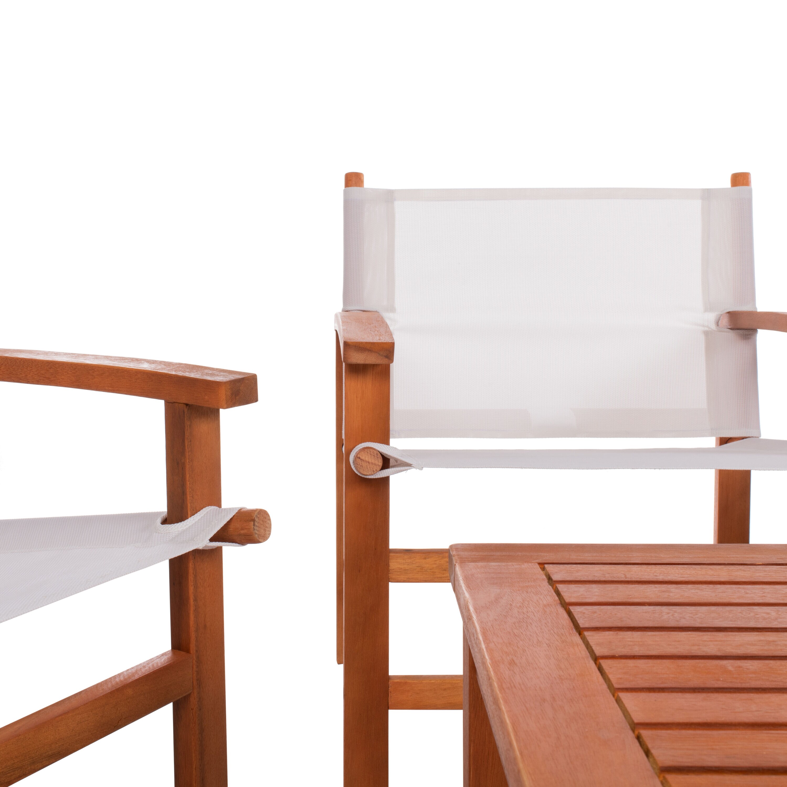 Natural Eucalyptus Wood Outdoor Dining Set with Beige Armchairs