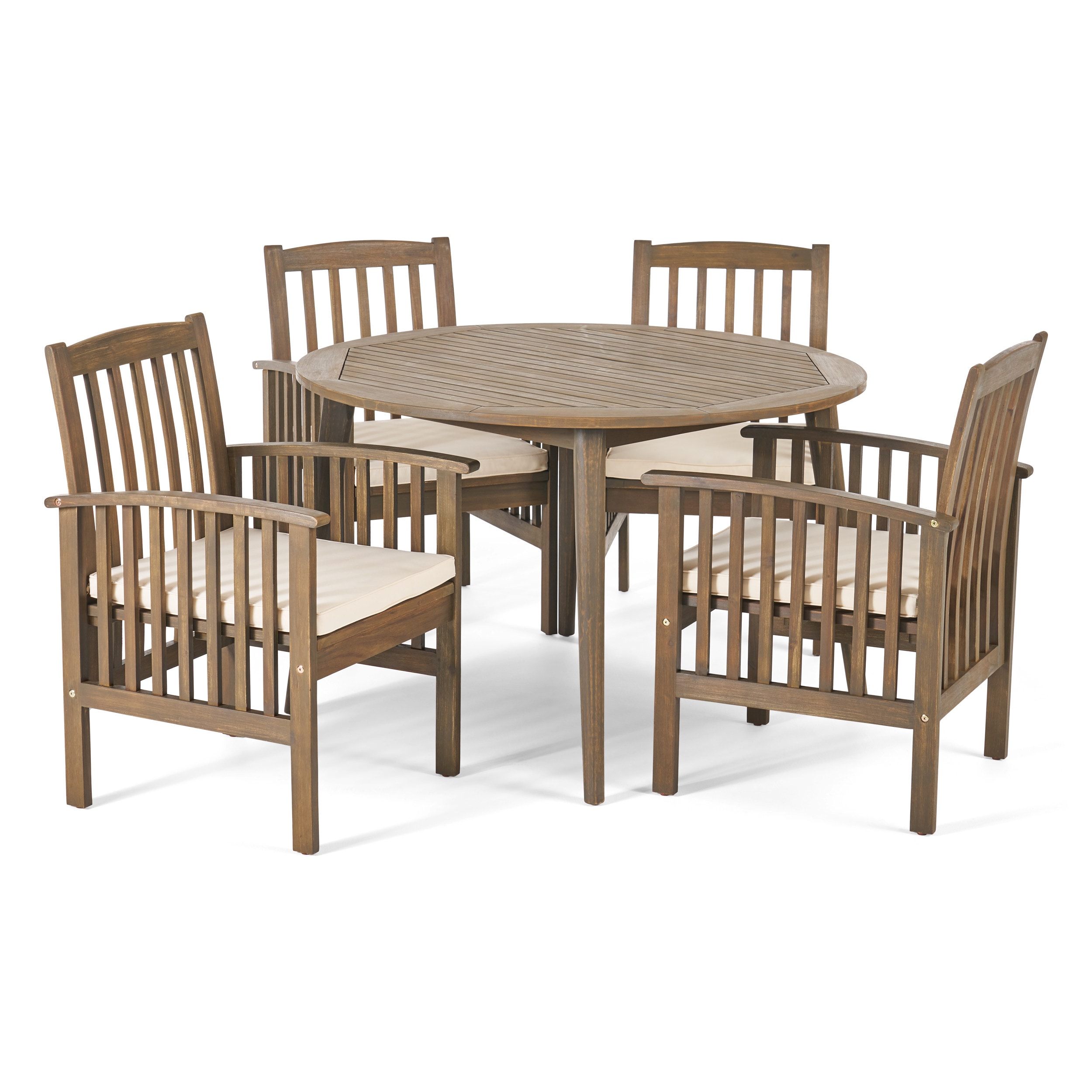 Best Selling Home Decor Maura 5 -Piece Gray Patio Dining Set Wood Round Table with 4 Off-white Cushions Stationary Chairs