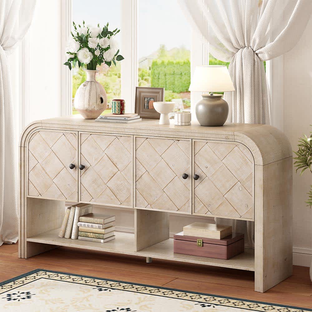 JUJABU CONSOLECABINET-4 Beige and Brown Versatile console table with Woven Wood Slats and Solid Wood Veneer Suitable for Entryway