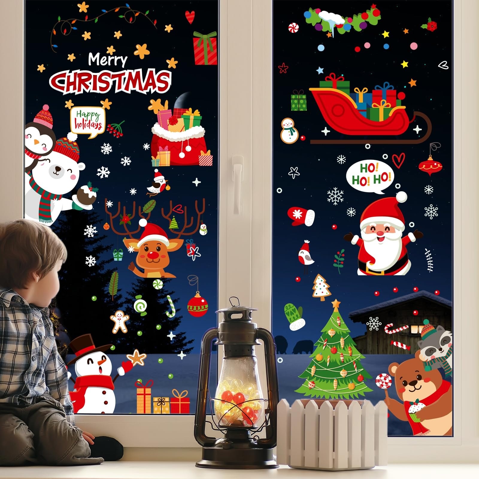 LAIFUCAM  120pcs Christmas Window Clings Sheet Snowflake Santa Claus Deer Decals Double Sided for Glass Indoor Outdoor Home Holiday Decor Easy