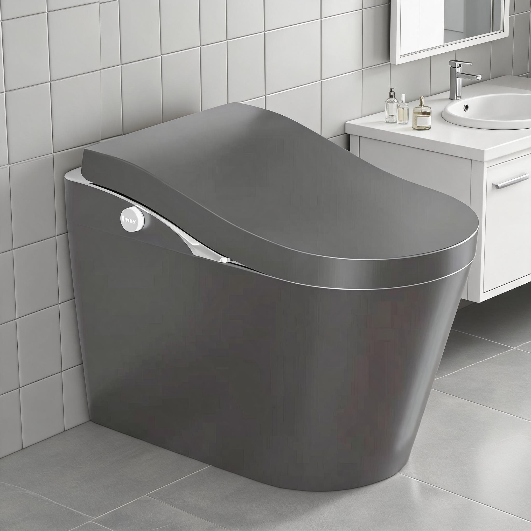 SUNCREAT - Porcelain Smart Toilet with Bidet in Classic Gray Hands-Free Flush Heated Seat and Aut...