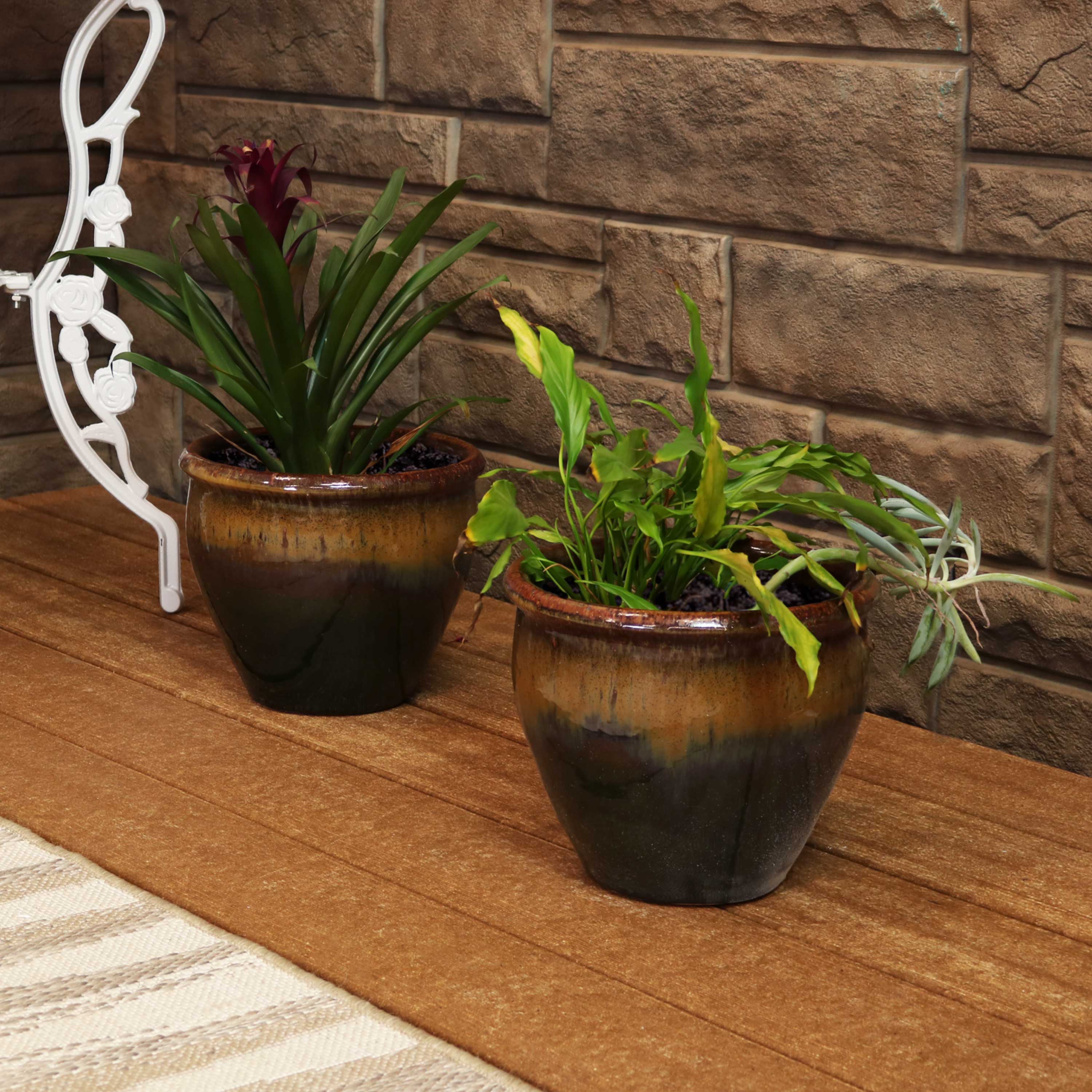 Forest Lake Green Glazed Ceramic Indoor/Outdoor Planter Set - 9"
