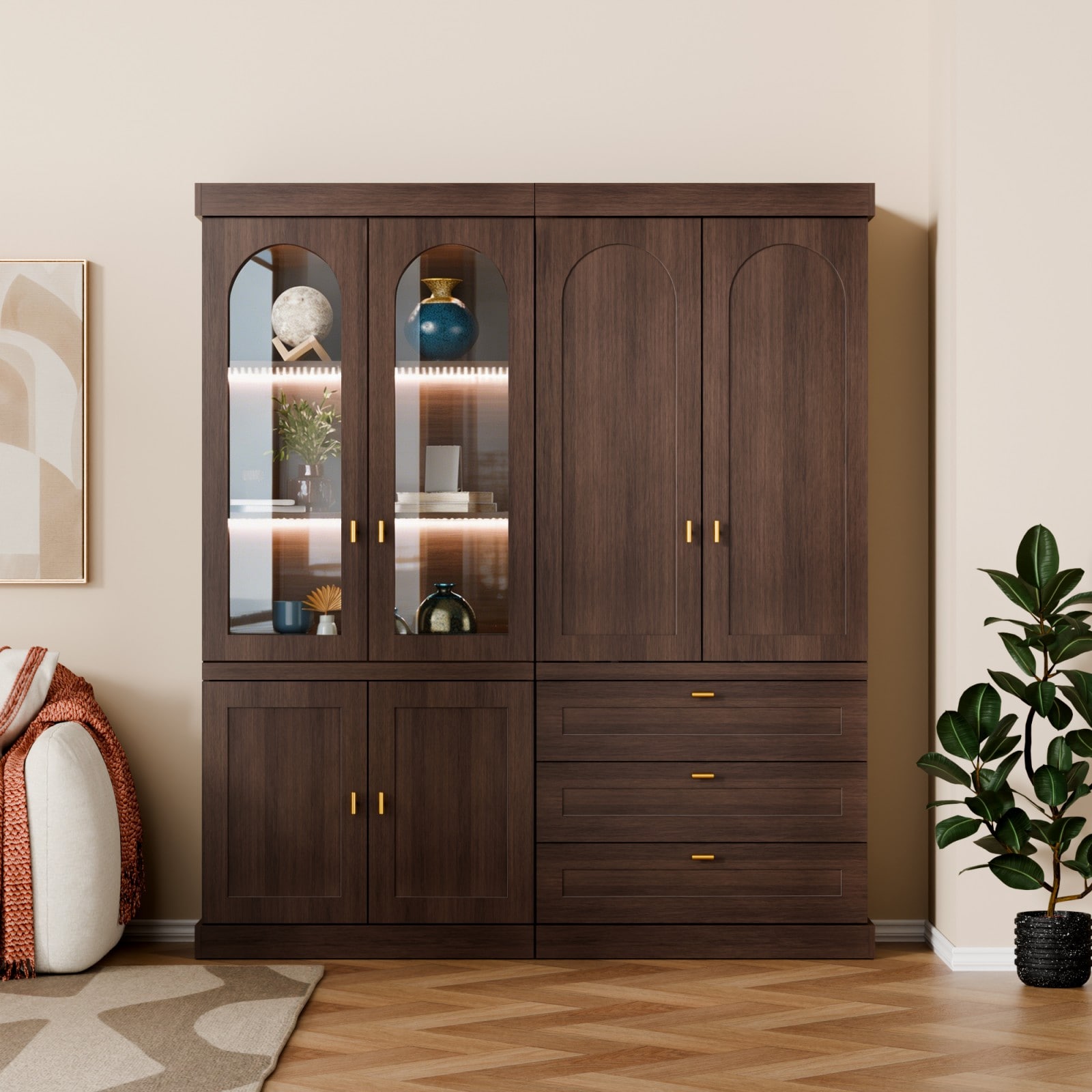 GlasFlength - 71 Inch Arched Kitchen Pantry Cabinet LED Storage Combination Set Tall Display Cab...