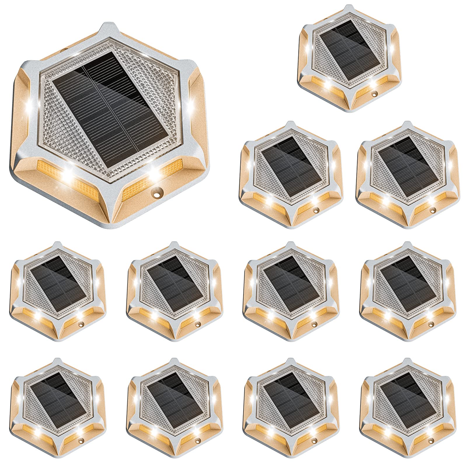 Phyfalip  Solar Driveway Lights 12 Pack Waterproof Outdoor Deck Lights with Two Color Options Blue and Warm White Wireless IP67 Rated