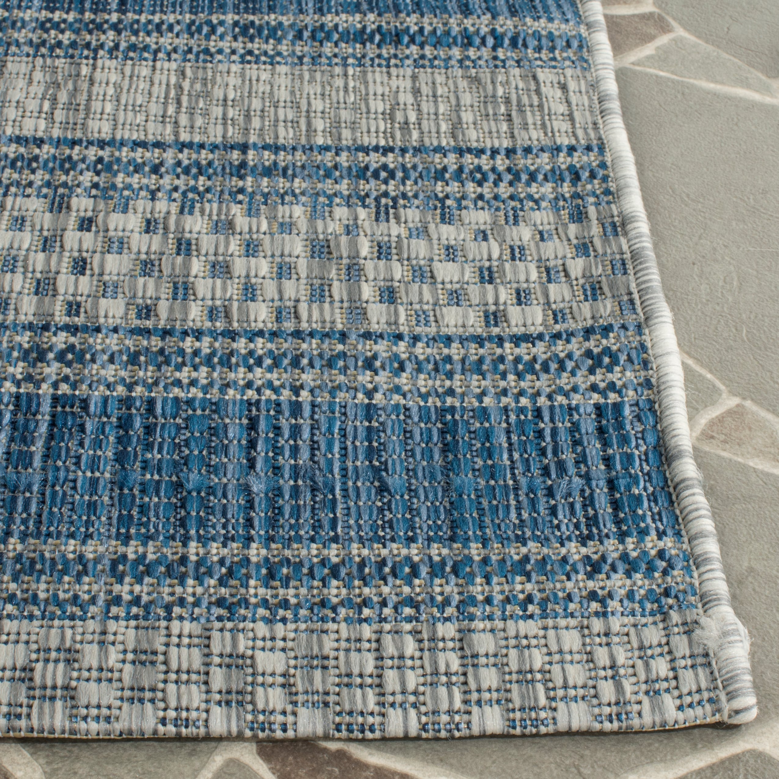 Gray and Navy Striped Synthetic Indoor/Outdoor Runner Rug, 2'3" x 12'
